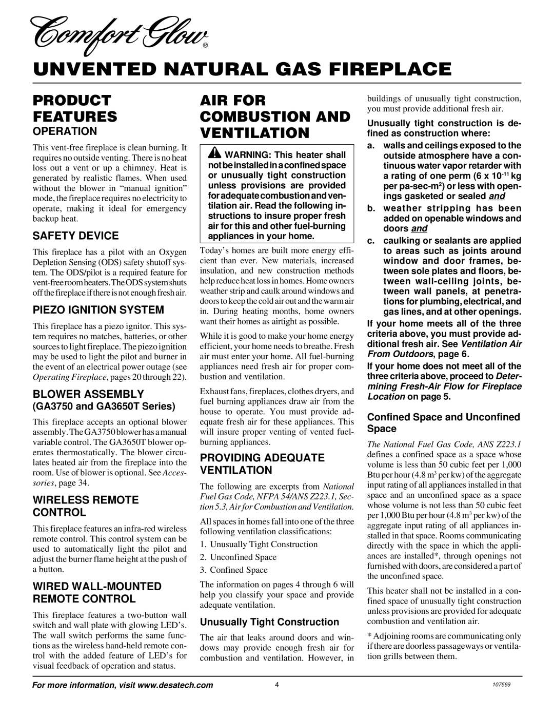 Desa CGEFP33NR installation manual Product Features, AIR for Combustion and Ventilation 