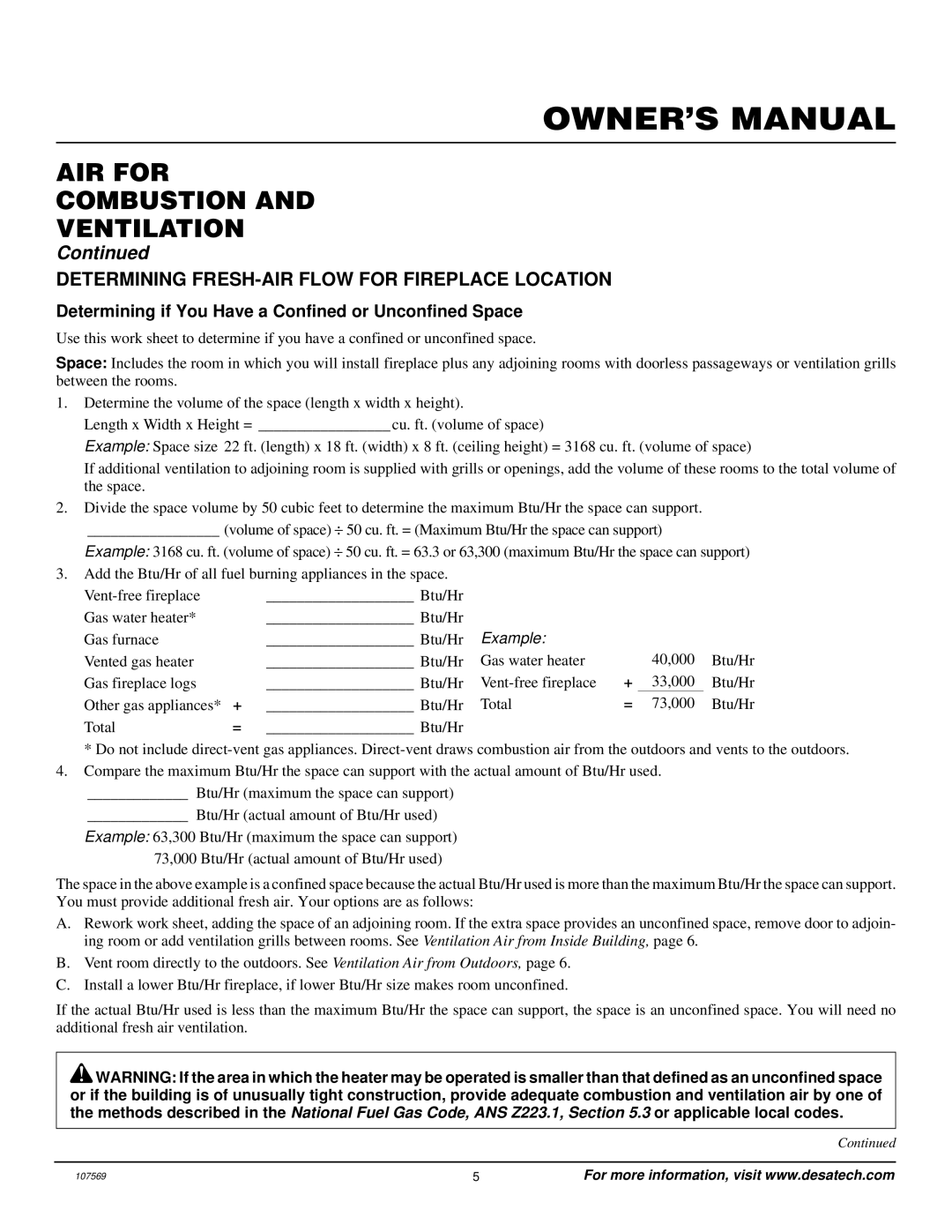 Desa CGEFP33NR installation manual AIR for Combustion Ventilation, Determining FRESH-AIR Flow for Fireplace Location 