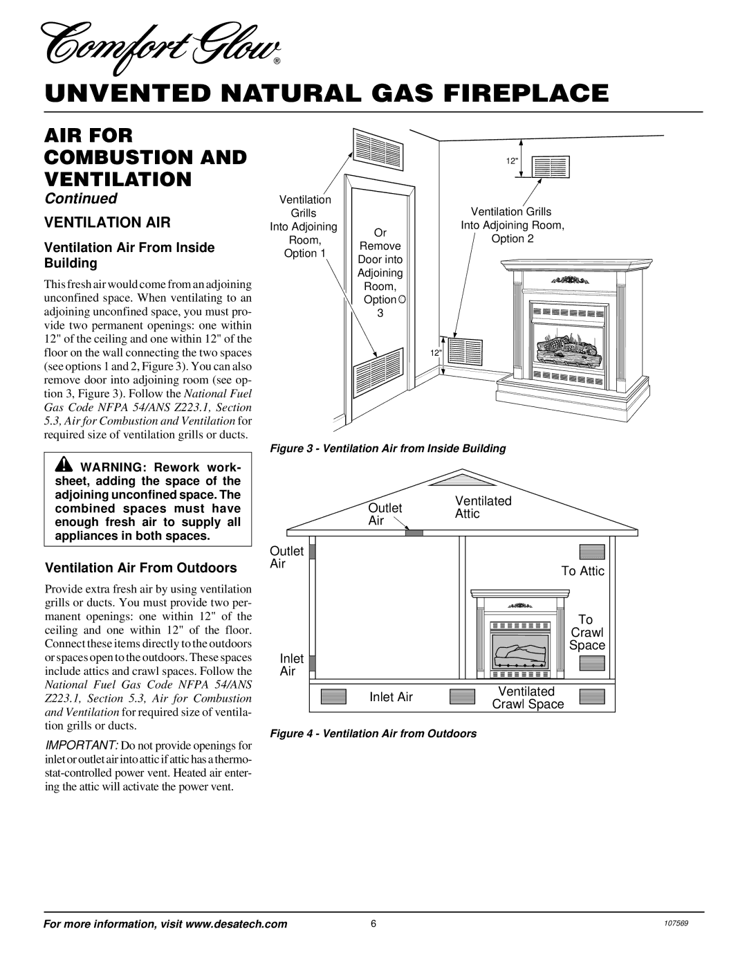 Desa CGEFP33NR installation manual Ventilation AIR, Ventilation Air From Inside, Building, Ventilation Air From Outdoors 