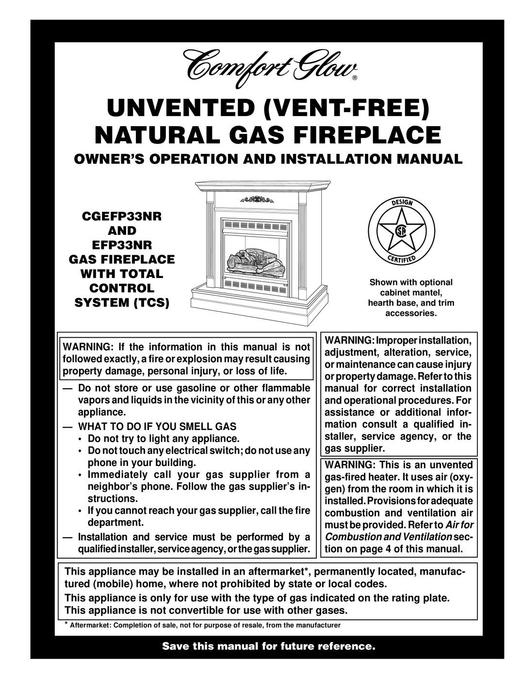 Desa CGEFP33NR installation manual Owner’S Operation And Installation Manual, What To Do If You Smell Gas 