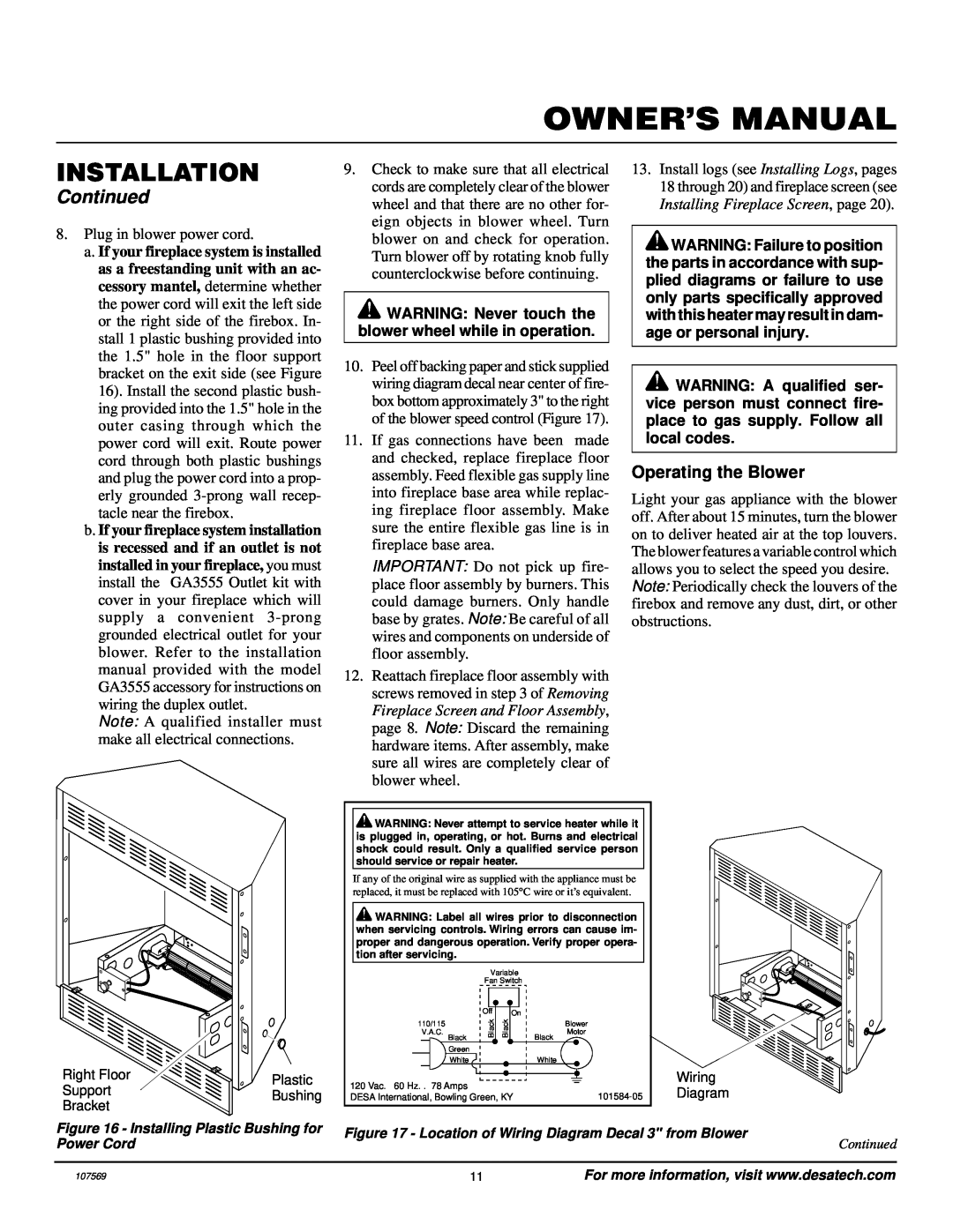 Desa CGEFP33NR installation manual Installation, Continued, Operating the Blower 