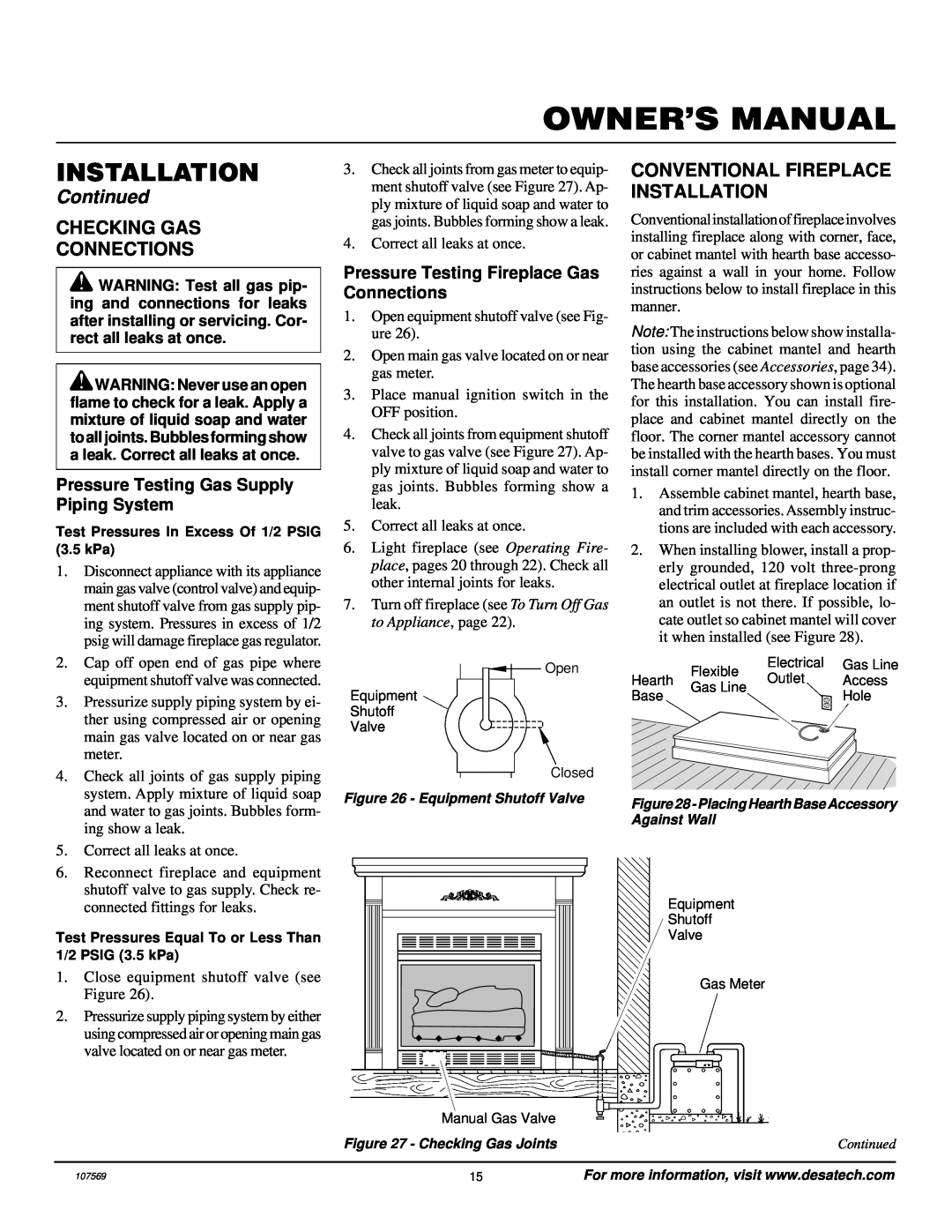 Desa CGEFP33NR installation manual Checking Gas Connections, Conventional Fireplace Installation, Continued 