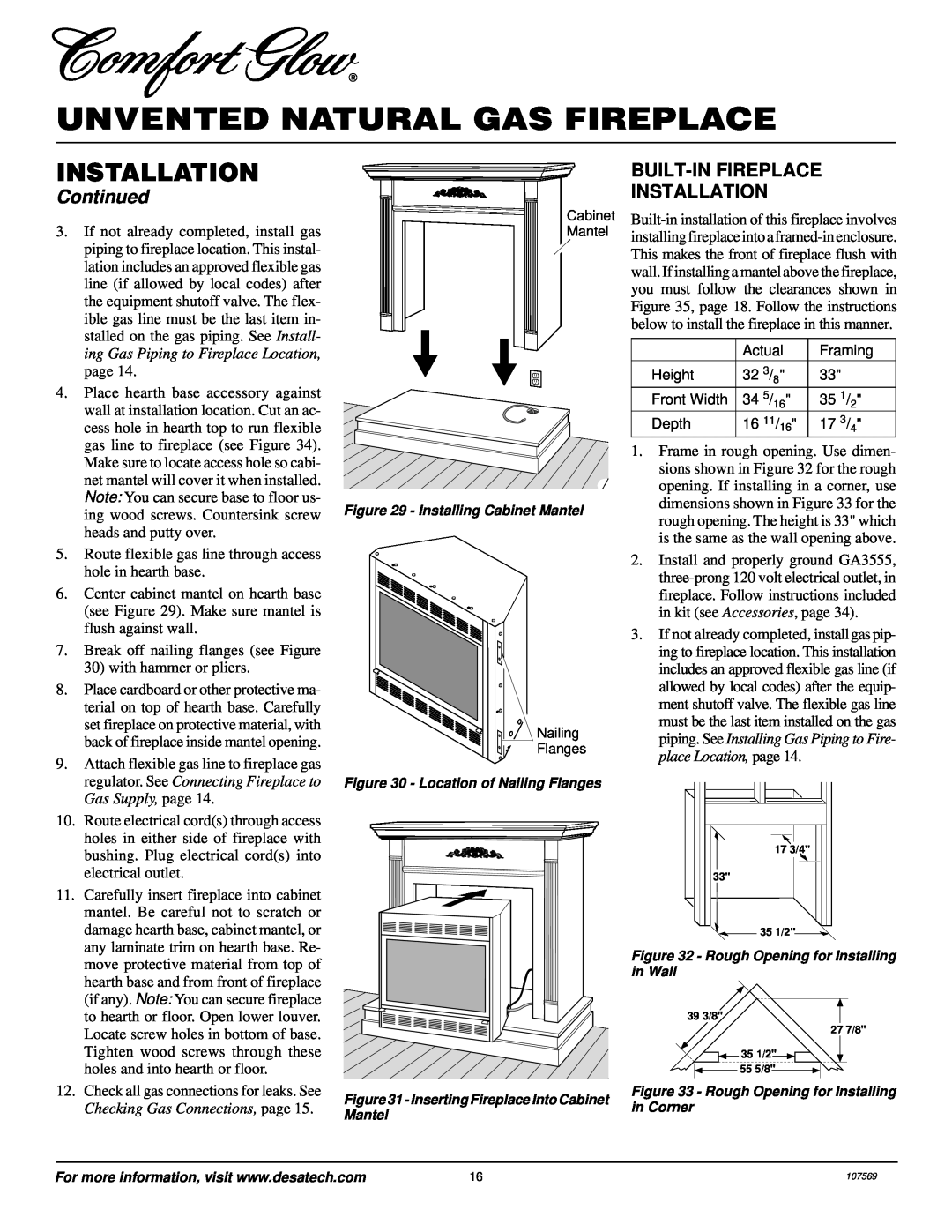 Desa CGEFP33NR installation manual Built-Infireplace Installation, Unvented Natural Gas Fireplace, Continued 