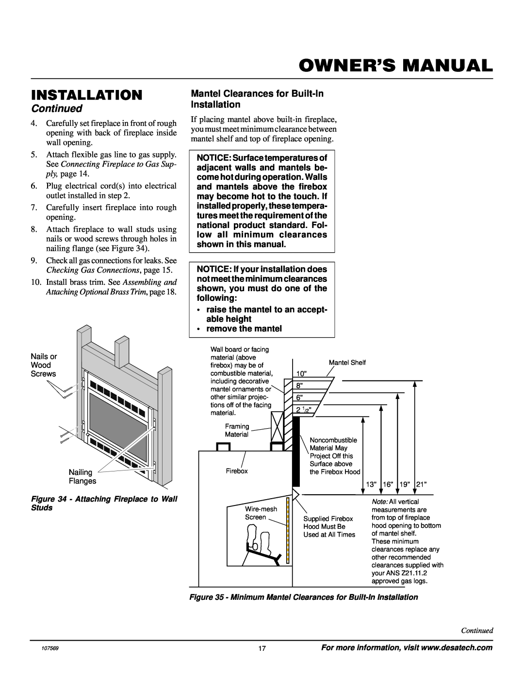Desa CGEFP33NR Continued, Mantel Clearances for Built-InInstallation, raise the mantel to an accept- able height 