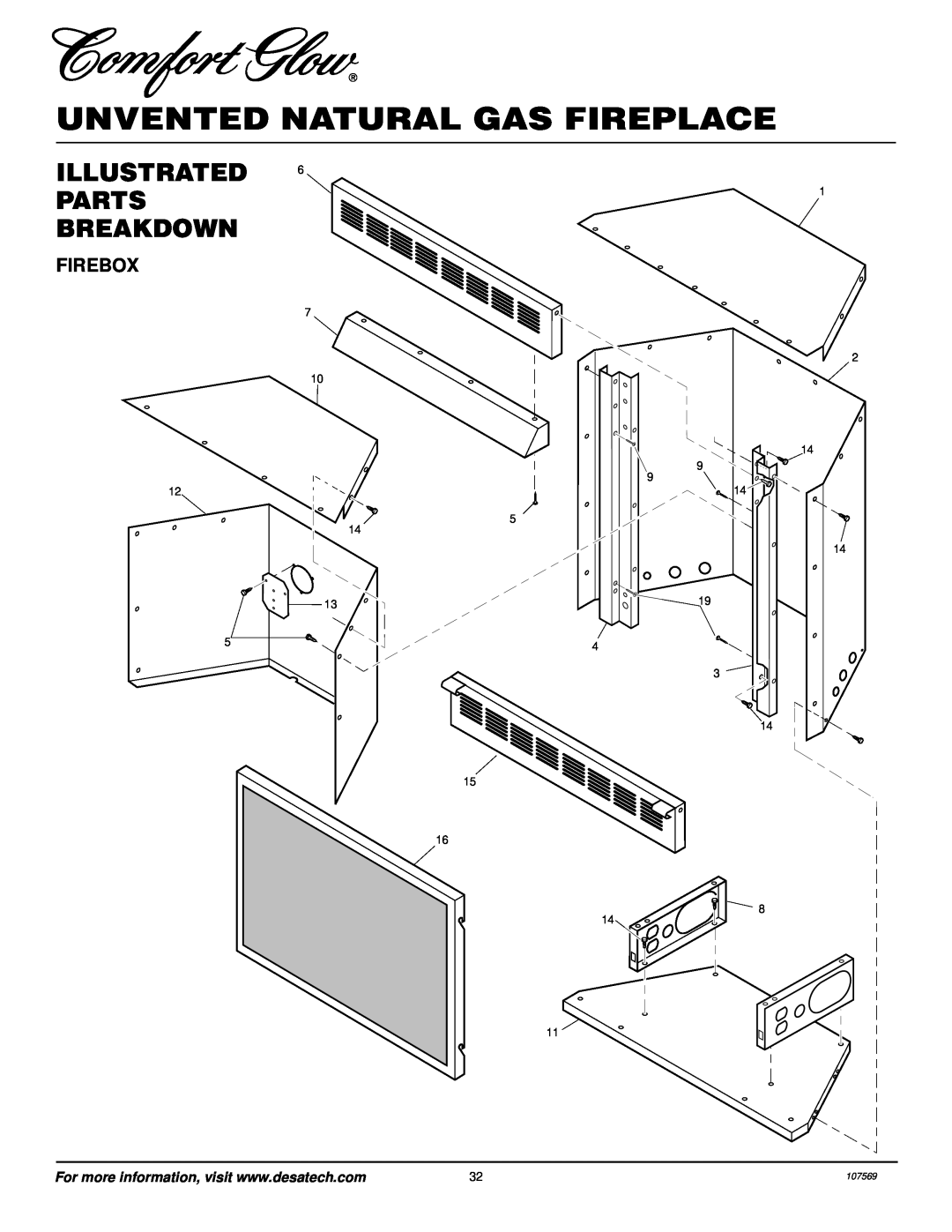 Desa CGEFP33NR installation manual Illustrated Parts Breakdown, Firebox, Unvented Natural Gas Fireplace, 107569 