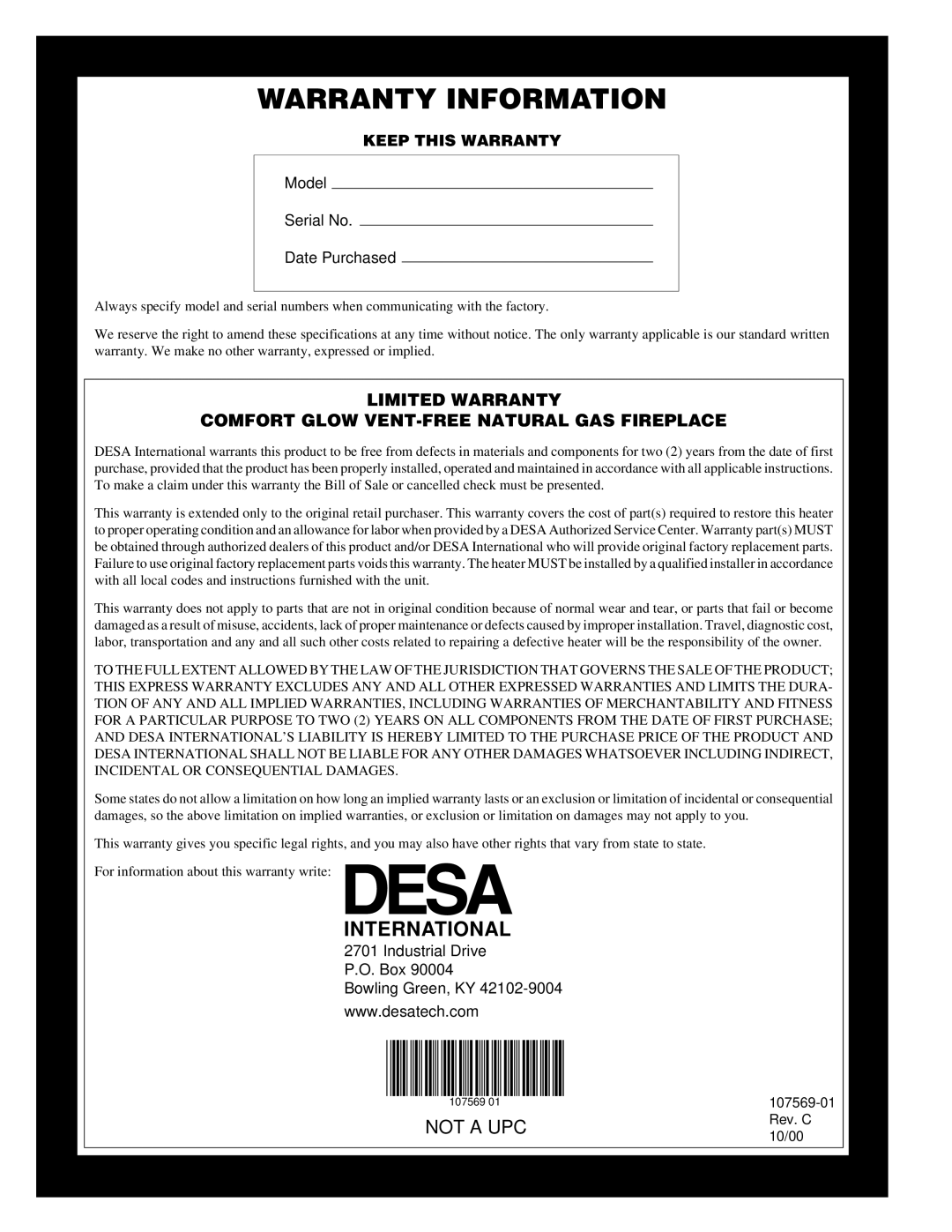 Desa CGEFP33NR installation manual Warranty Information, International, Not A Upc, Model Serial No Date Purchased 