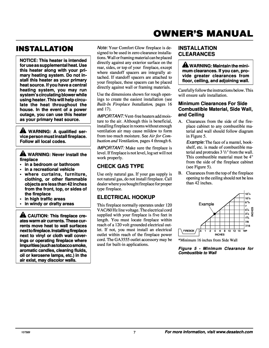 Desa CGEFP33NR installation manual Check Gas Type, Electrical Hookup, Installation Clearances 