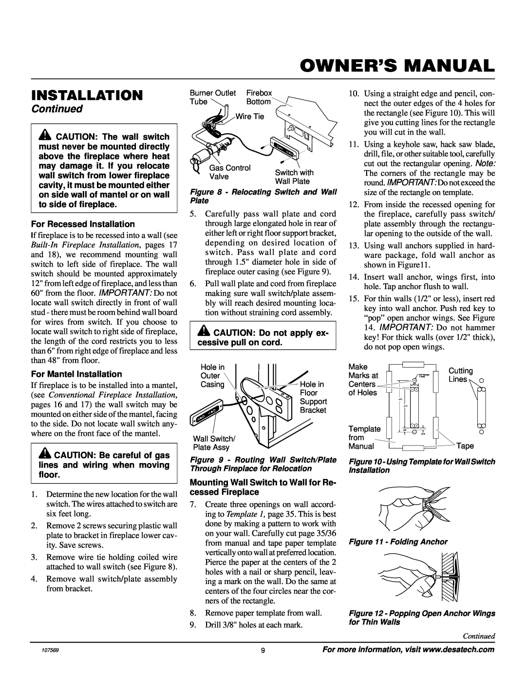 Desa CGEFP33NR installation manual Continued, For Recessed Installation, CAUTION Do not apply ex- cessive pull on cord 