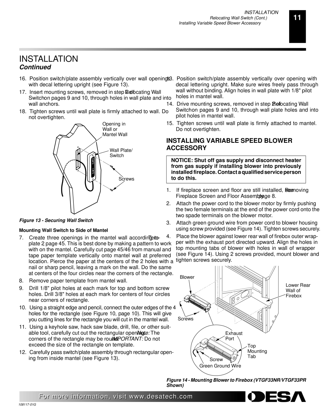 Desa CGEFP33PR, CGEFP33NR, EFP33PR, EFP33NR, VTGF33NR, VTGF33PR Installing Variable Speed Blower Accessory 