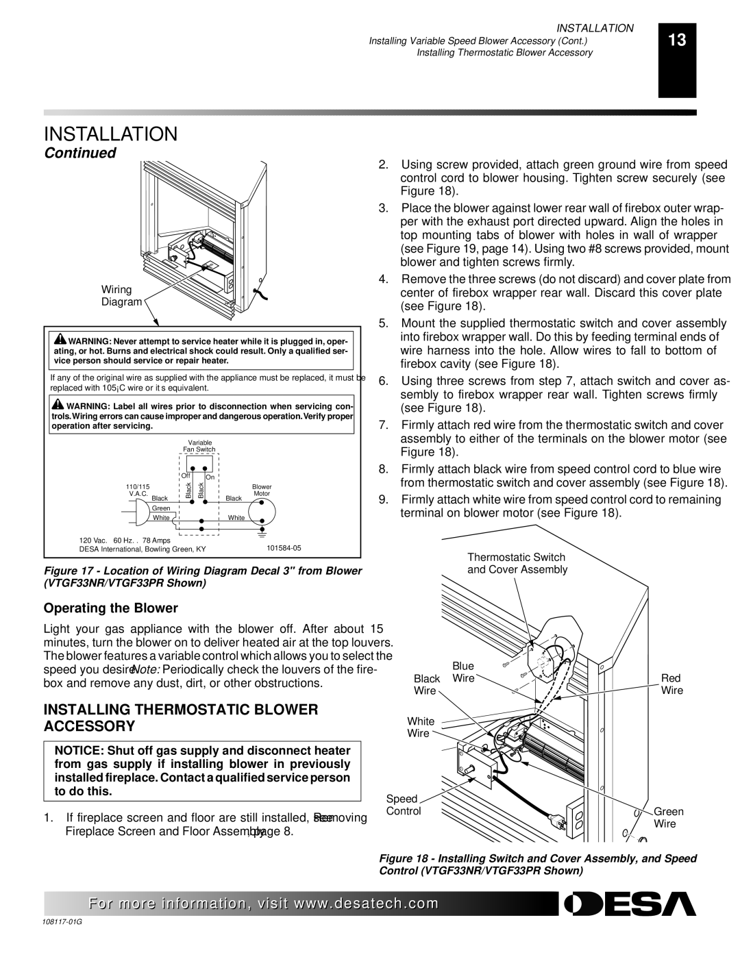 Desa CGEFP33PR, CGEFP33NR, EFP33PR, EFP33NR, VTGF33NR, VTGF33PR Installing Thermostatic Blower Accessory 