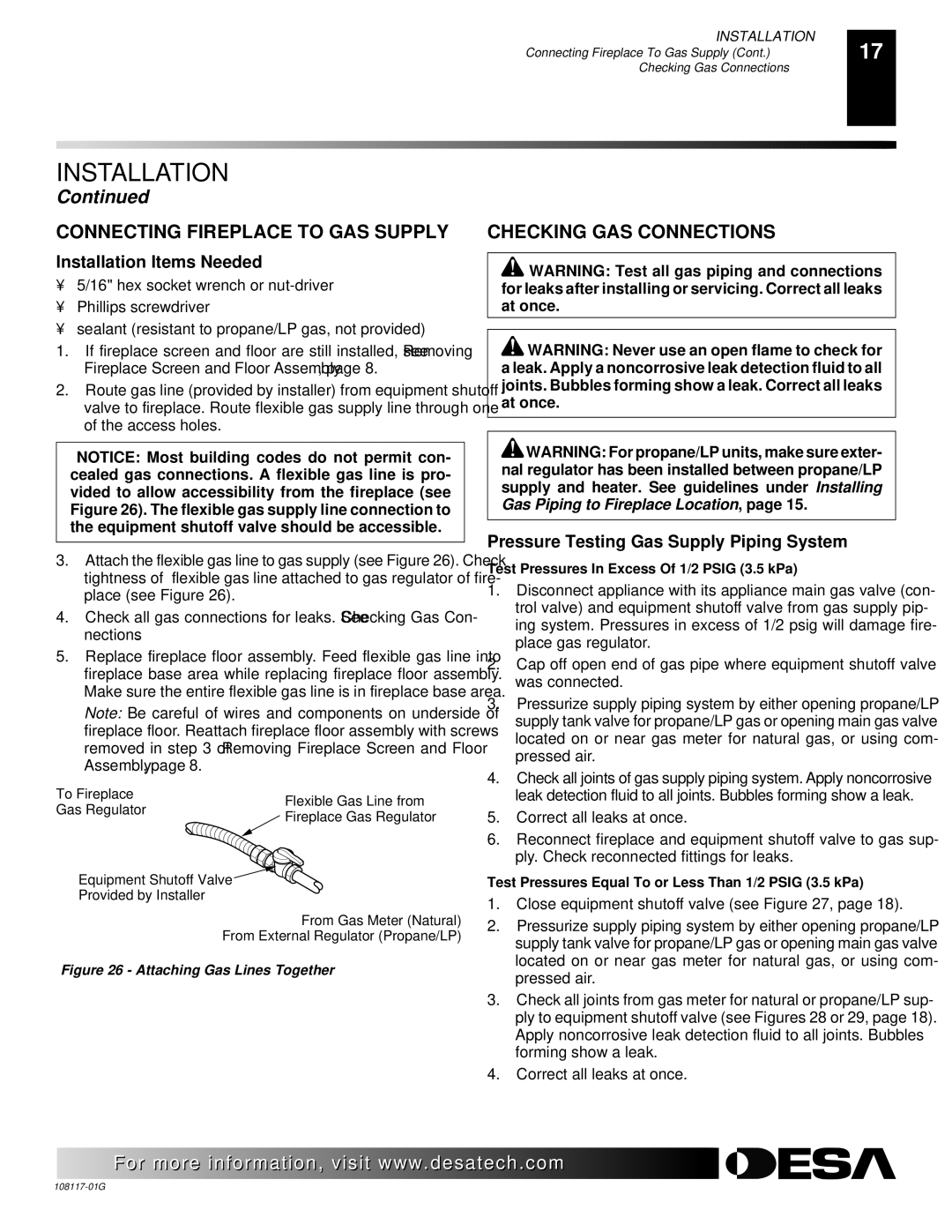 Desa CGEFP33PR, CGEFP33NR, EFP33PR, EFP33NR, VTGF33NR, VTGF33PR installation manual Connecting Fireplace to GAS Supply 