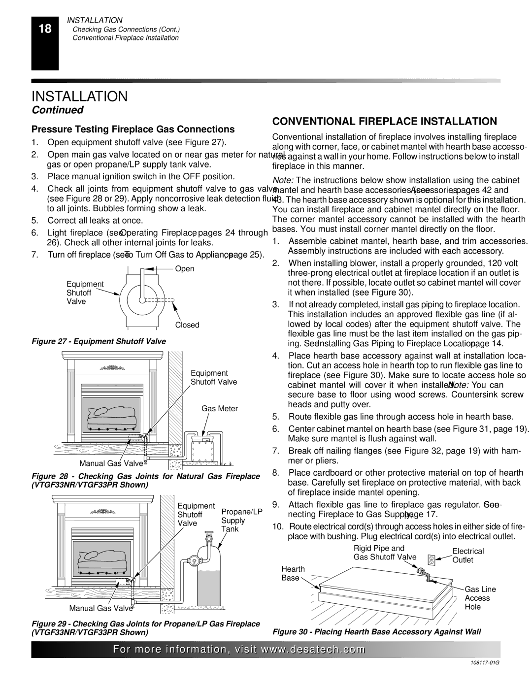 Desa CGEFP33PR, CGEFP33NR, EFP33PR, EFP33NR, VTGF33NR, VTGF33PR installation manual Conventional Fireplace Installation 