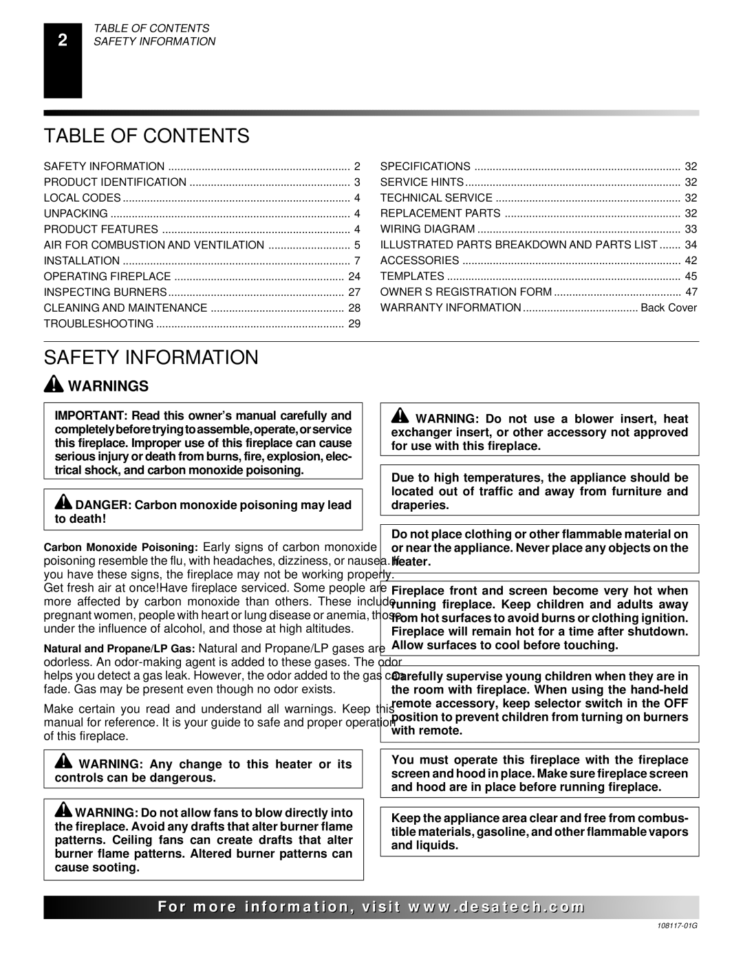 Desa CGEFP33PR, CGEFP33NR, EFP33PR, EFP33NR, VTGF33NR, VTGF33PR installation manual Table of Contents, Safety Information 