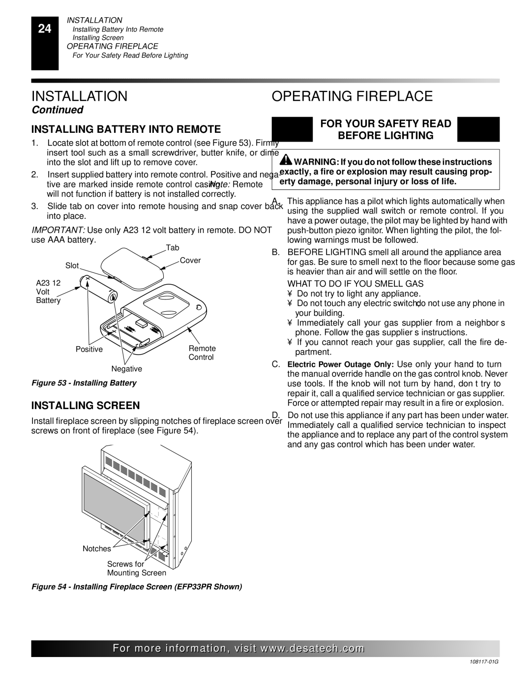 Desa CGEFP33PR, CGEFP33NR, EFP33PR, EFP33NR, VTGF33NR, VTGF33PR Operating Fireplace, Installing Battery Into Remote 