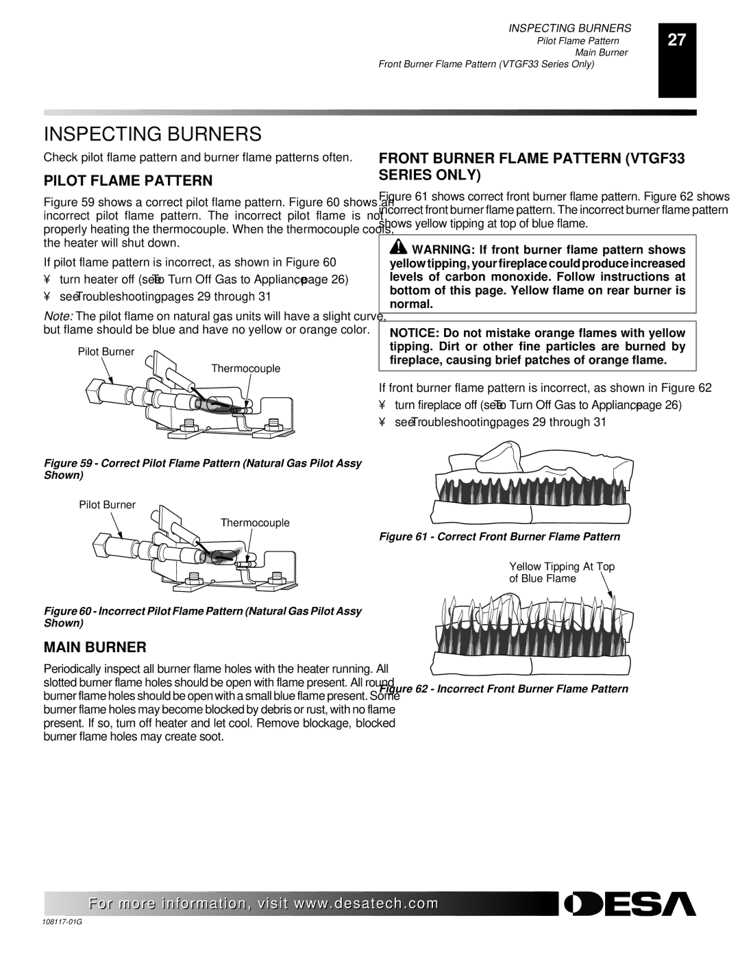 Desa CGEFP33PR, CGEFP33NR, EFP33PR, EFP33NR, VTGF33NR, VTGF33PR Inspecting Burners, Pilot Flame Pattern, Main Burner 