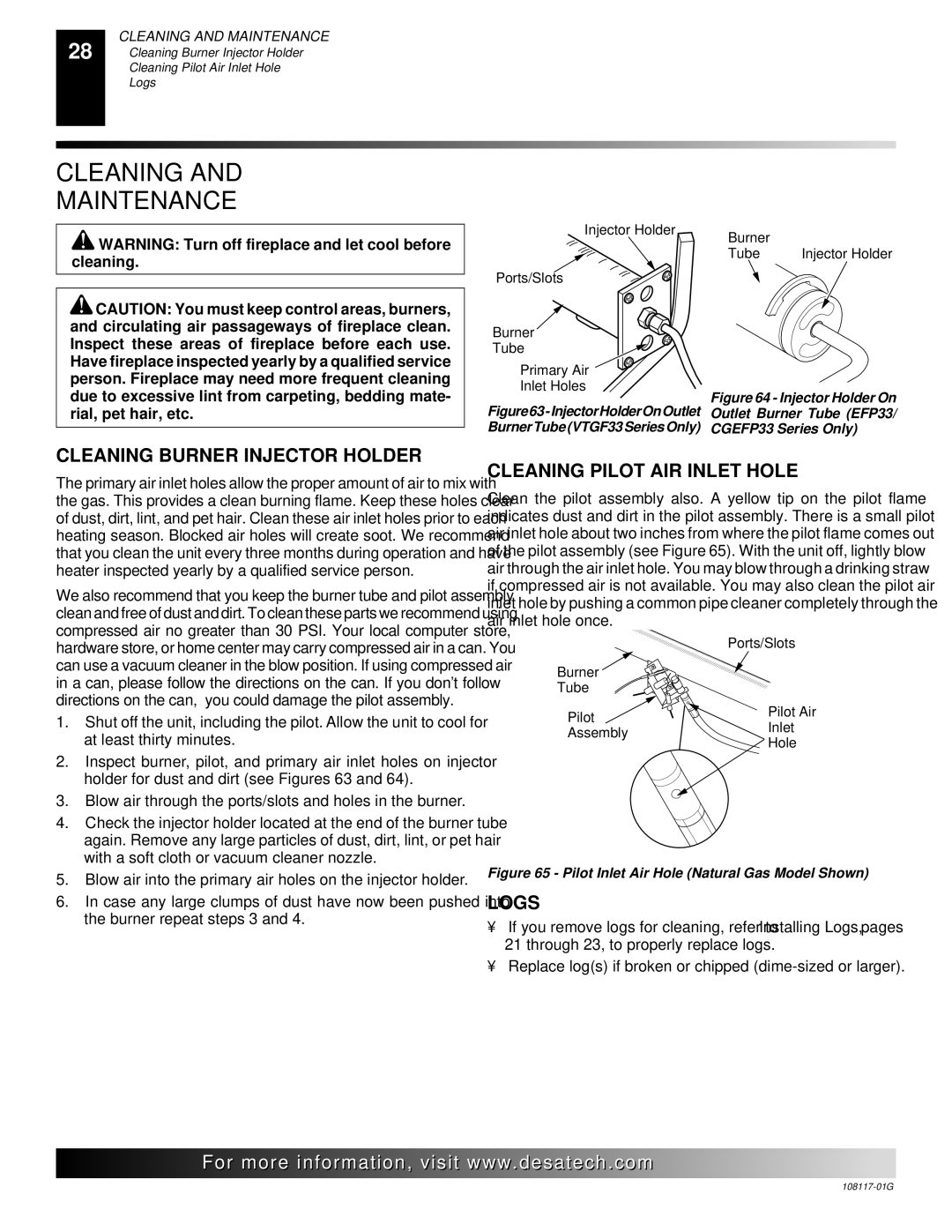 Desa CGEFP33PR, CGEFP33NR, EFP33PR, EFP33NR, VTGF33NR, VTGF33PR Cleaning Maintenance, Cleaning Burner Injector Holder 