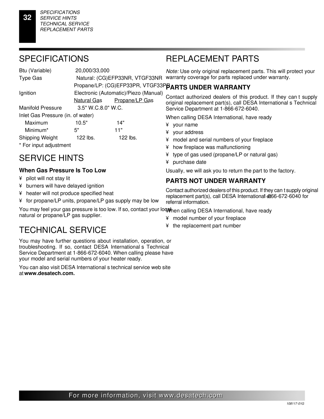 Desa CGEFP33PR, CGEFP33NR, EFP33PR, EFP33NR, VTGF33NR, VTGF33PR Specifications, Service Hints, Technical Service 