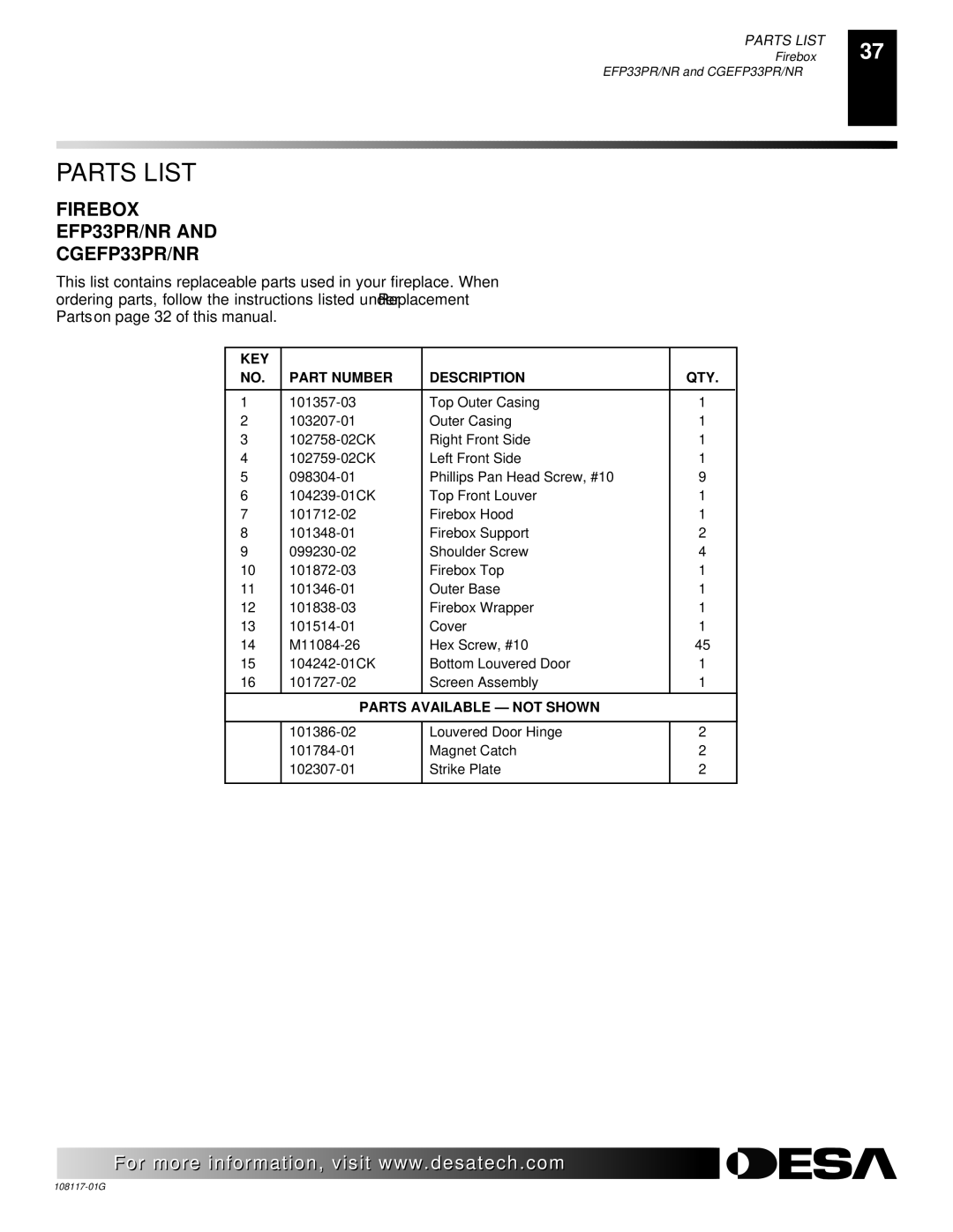 Desa CGEFP33PR, CGEFP33NR, EFP33PR, EFP33NR, VTGF33NR, VTGF33PR installation manual Firebox EFP33PR/NR CGEFP33PR/NR 