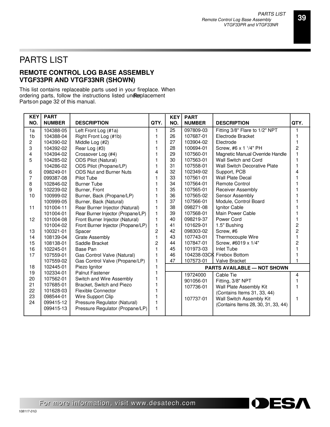 Desa CGEFP33PR, CGEFP33NR, EFP33PR, EFP33NR, VTGF33NR, VTGF33PR installation manual Front Burner Injector Natural 101004-02 