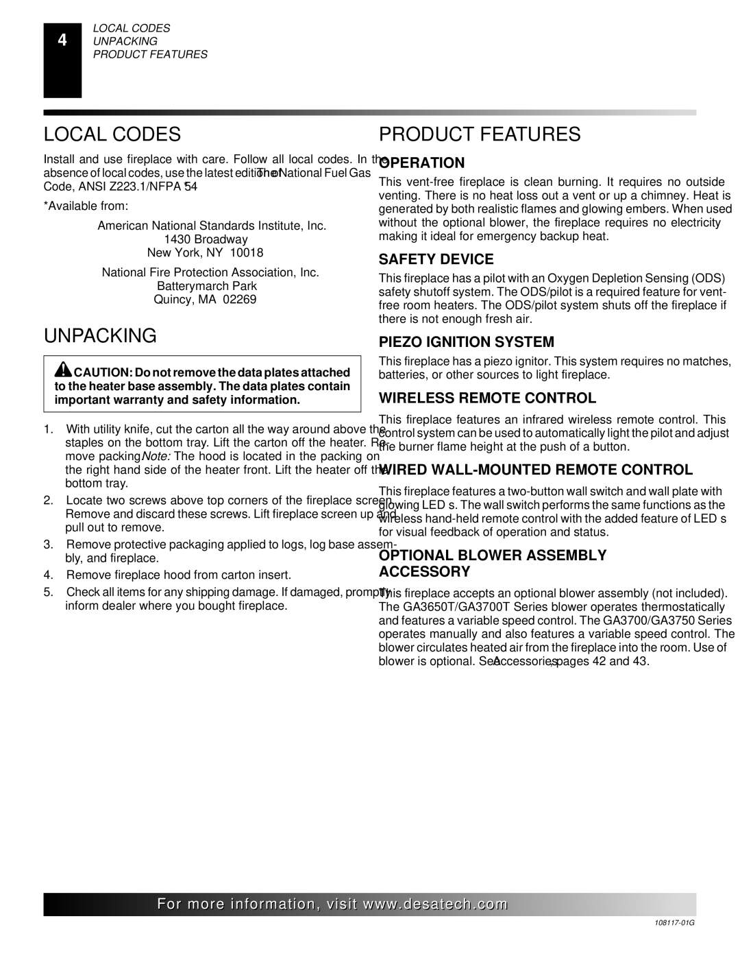 Desa CGEFP33PR, CGEFP33NR, EFP33PR, EFP33NR, VTGF33NR, VTGF33PR Local Codes, Unpacking, Product Features 