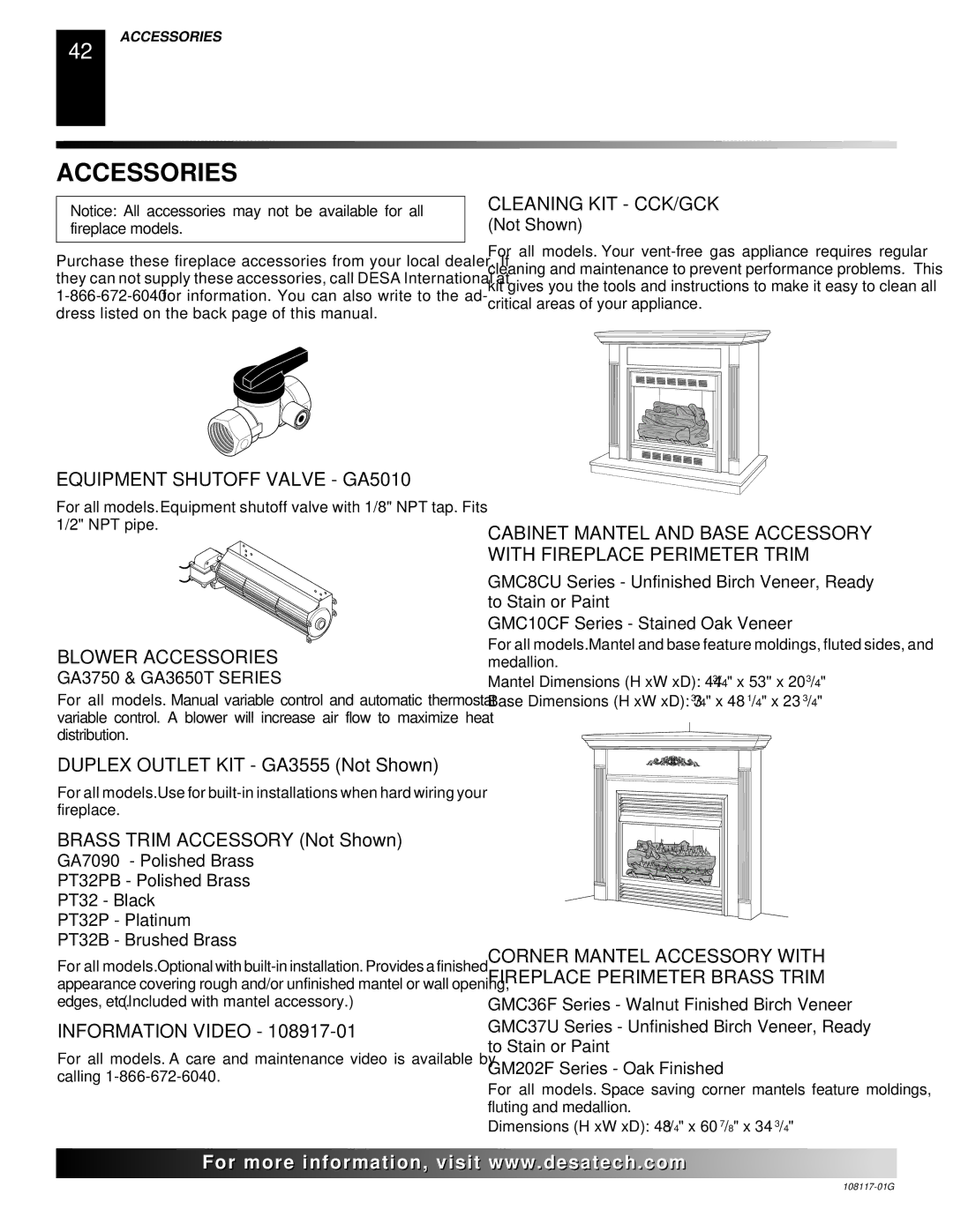 Desa CGEFP33PR, CGEFP33NR, EFP33PR, EFP33NR, VTGF33NR, VTGF33PR installation manual Accessories 