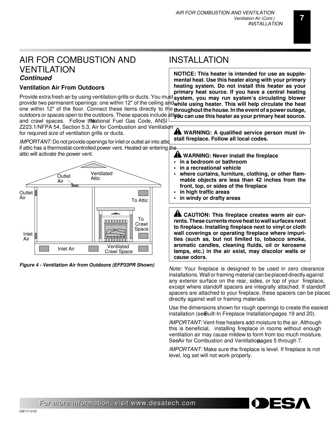 Desa CGEFP33PR, CGEFP33NR, EFP33PR, EFP33NR, VTGF33NR, VTGF33PR Installation, Ventilation Air From Outdoors 