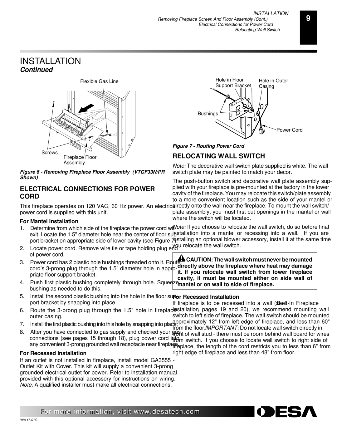 Desa CGEFP33PR, CGEFP33NR, EFP33PR, EFP33NR, VTGF33NR, VTGF33PR installation manual Electrical Connections for Power Cord 