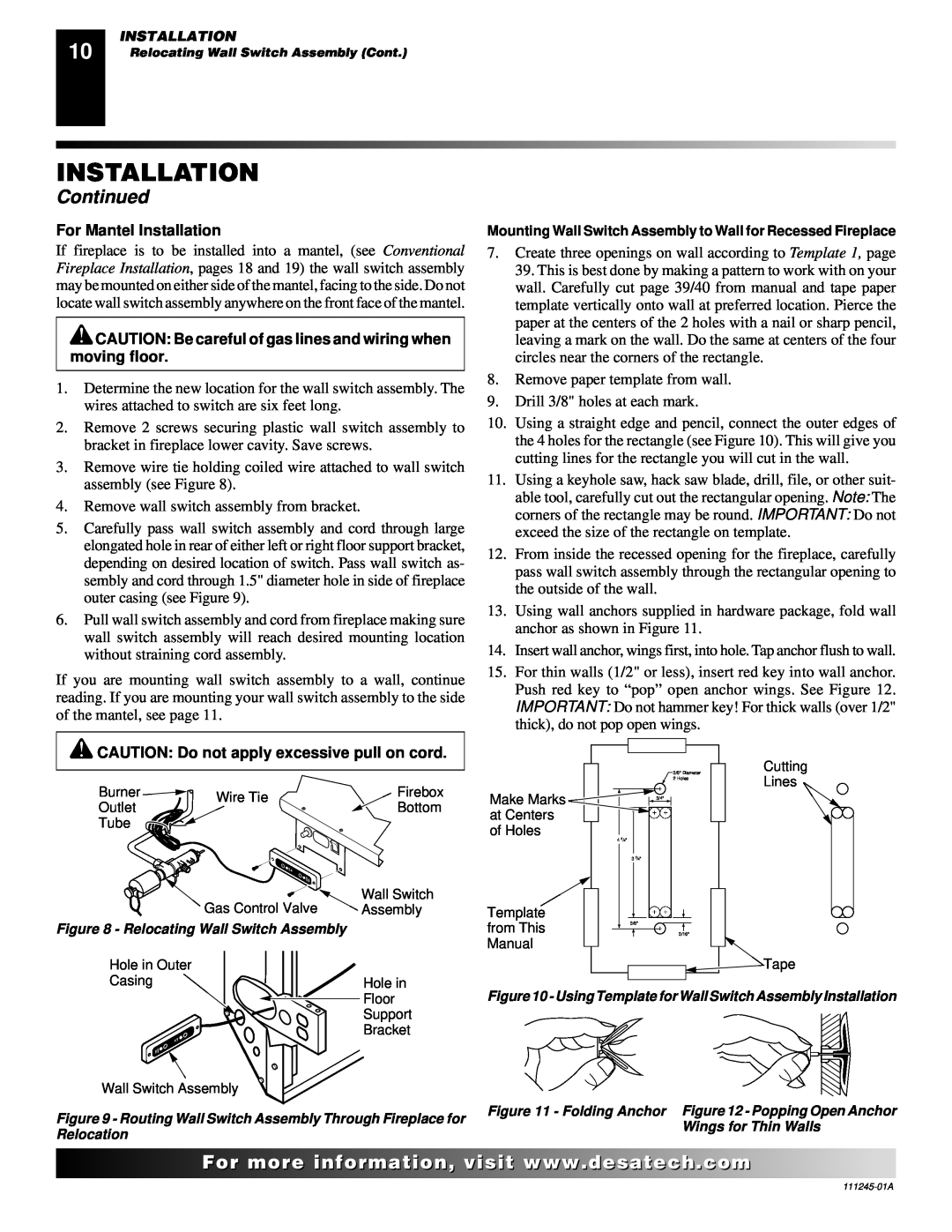 Desa CGEFP33PRB, CGEFP33NRB Continued, For Mantel Installation, CAUTION Do not apply excessive pull on cord 