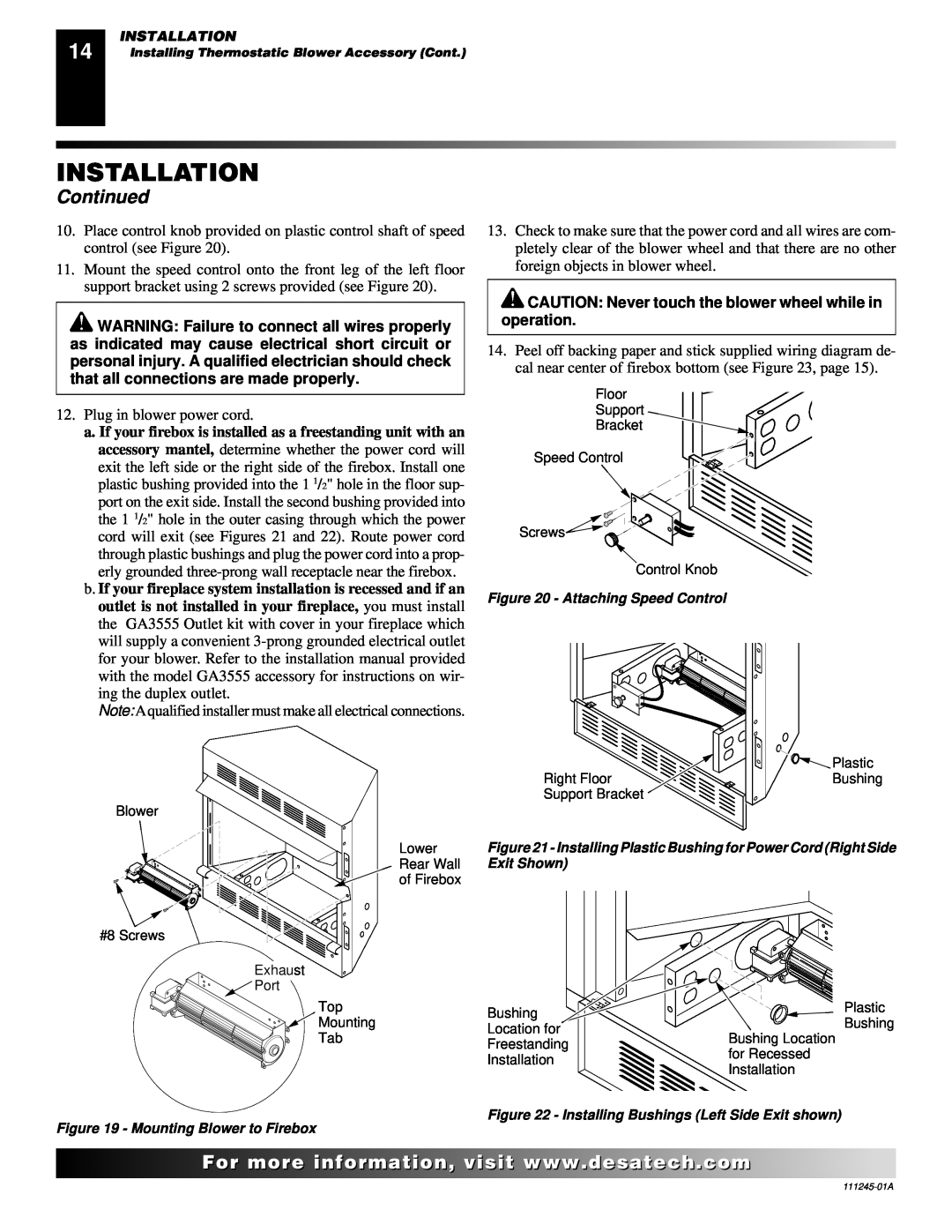 Desa CGEFP33PRB, CGEFP33NRB installation manual Installation, Continued, Plug in blower power cord 
