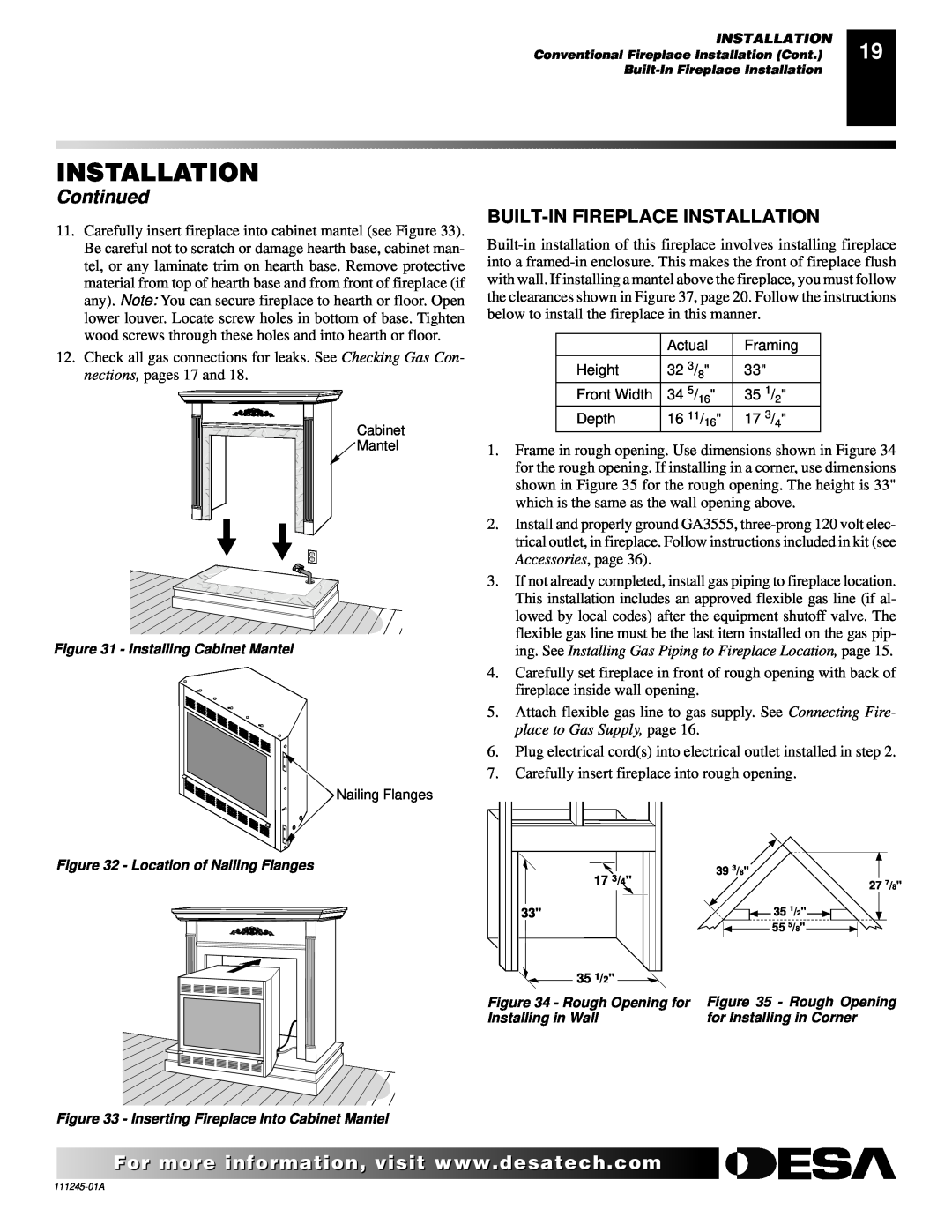 Desa CGEFP33NRB, CGEFP33PRB installation manual Continued, Built-Infireplace Installation 