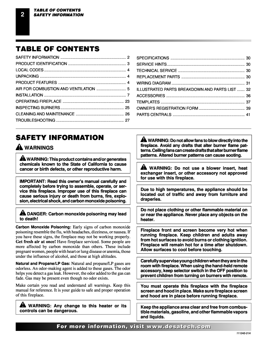 Desa CGEFP33PRB, CGEFP33NRB installation manual Table Of Contents, Safety Information, Warnings 