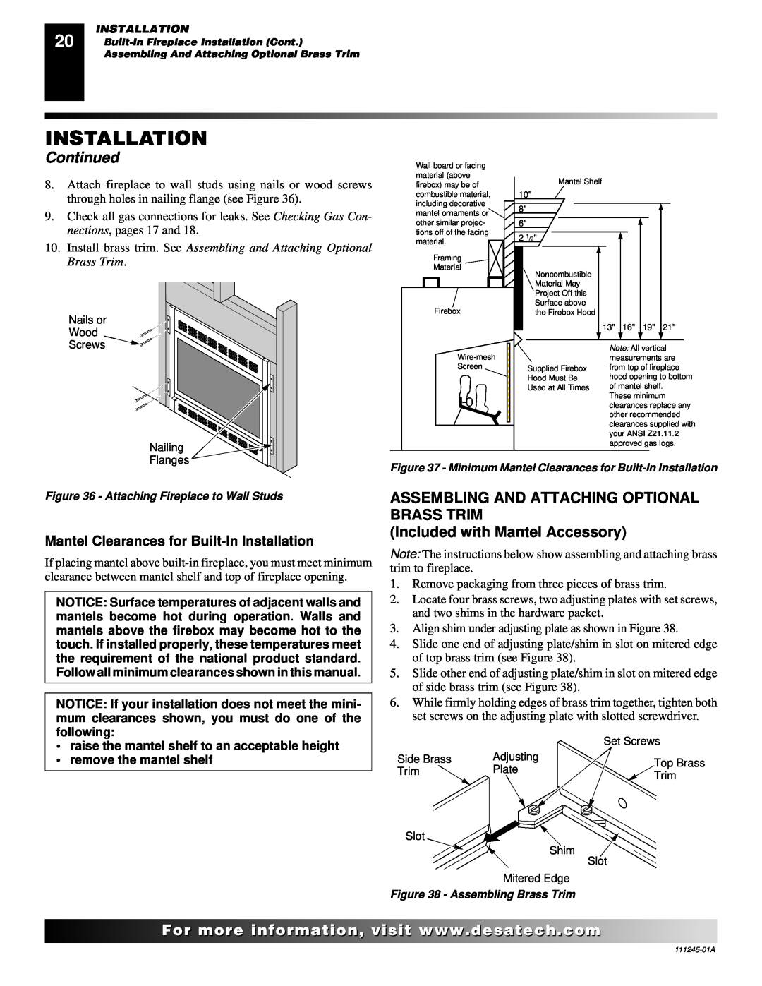 Desa CGEFP33PRB, CGEFP33NRB installation manual Continued, Mantel Clearances for Built-InInstallation, Brass Trim 