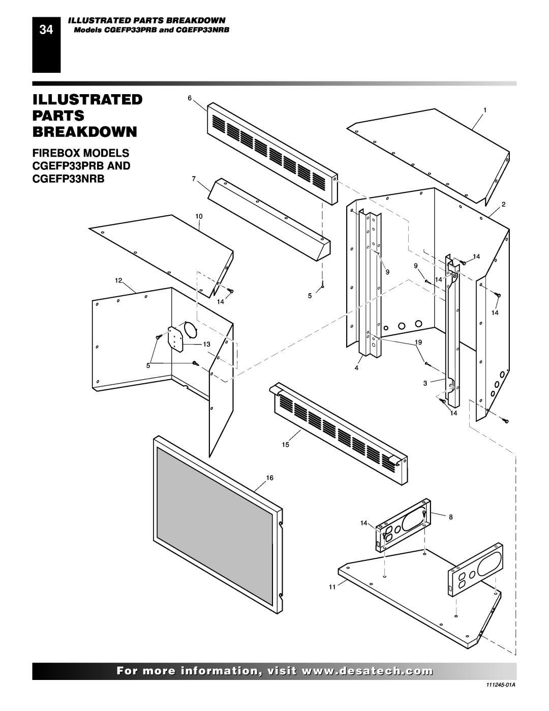 Desa installation manual Illustrated Parts Breakdown, Models CGEFP33PRB and CGEFP33NRB, 111245-01A 