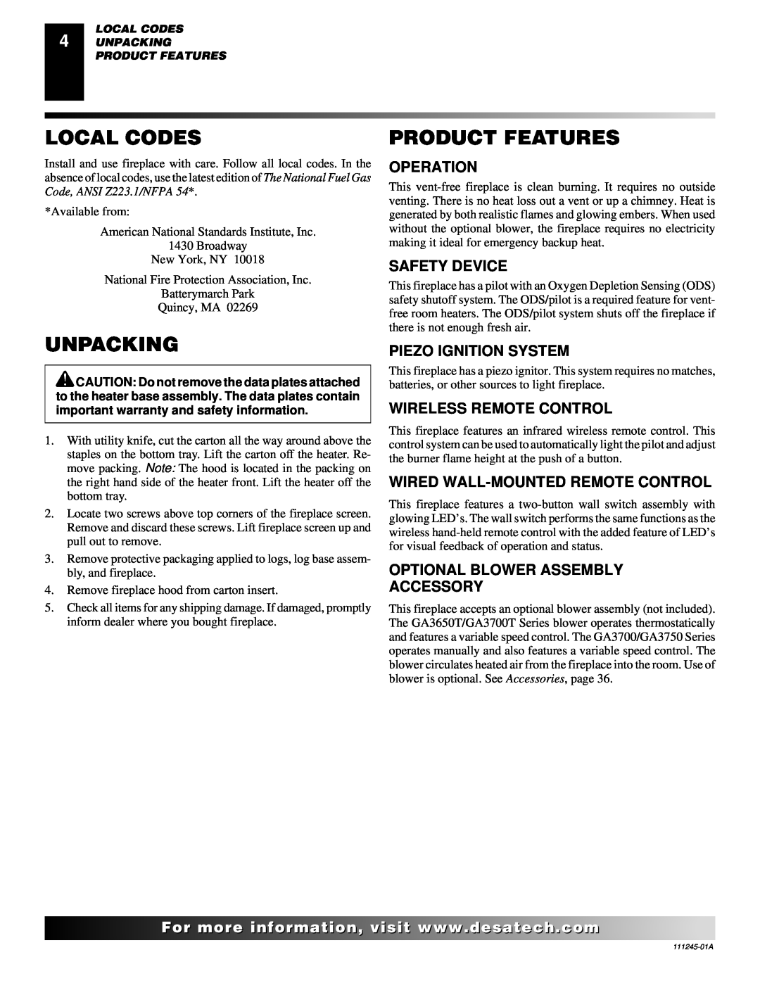 Desa CGEFP33PRB, CGEFP33NRB Local Codes, Unpacking, Product Features, Operation, Safety Device, Piezo Ignition System 