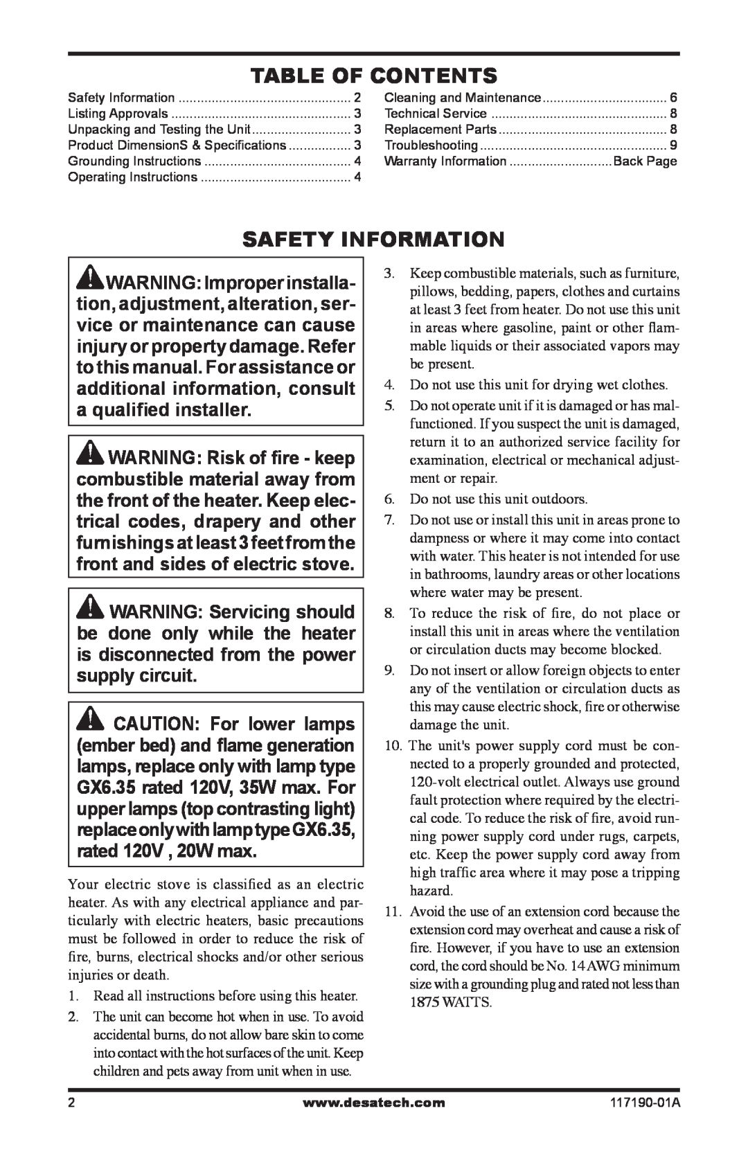 Desa CGESBL operation manual Table Of Contents, Safety Information 