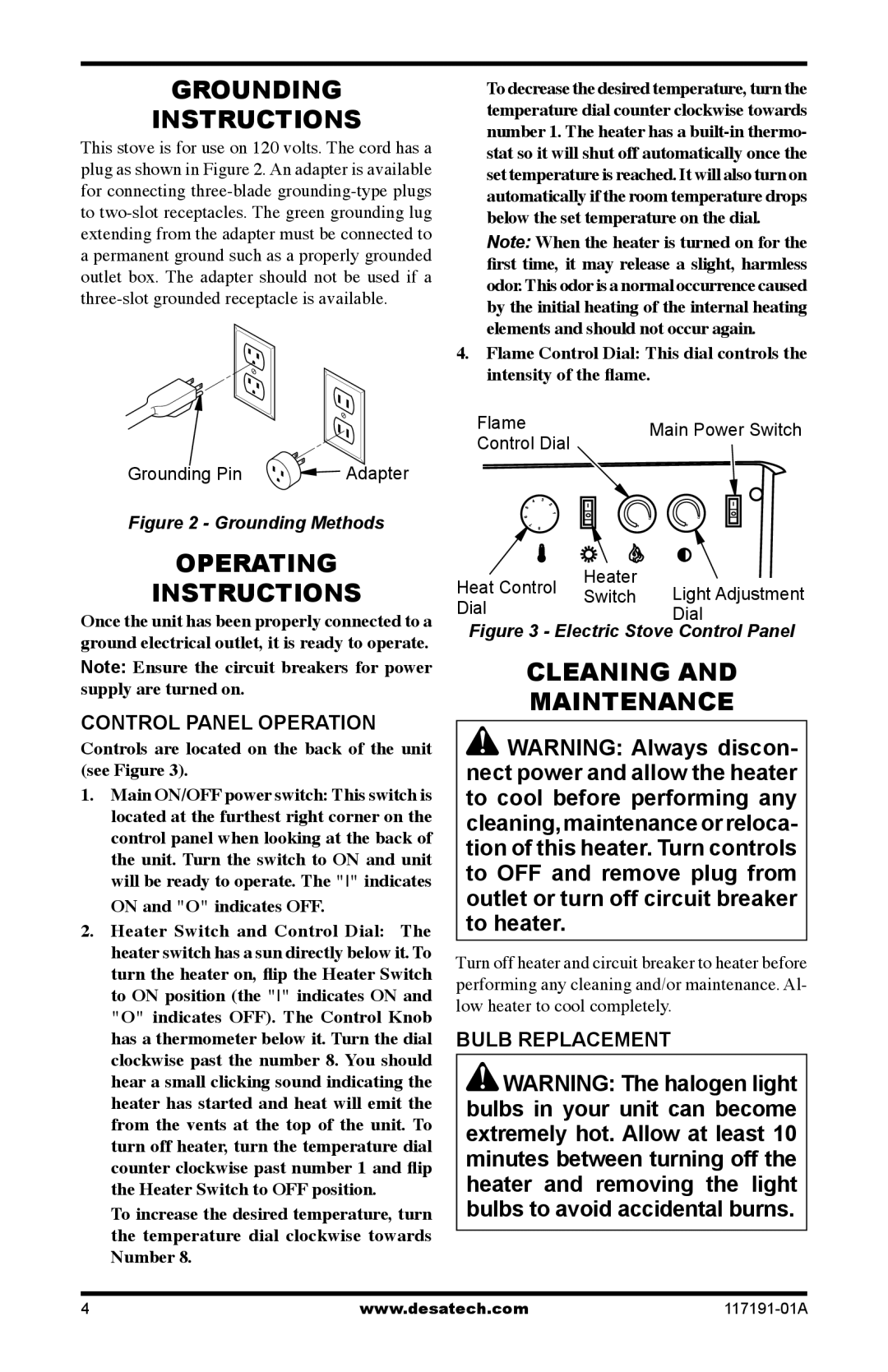 Desa CGESBM operation manual Grounding Instructions, Operating Instructions, Control Panel Operation, Bulb Replacement 