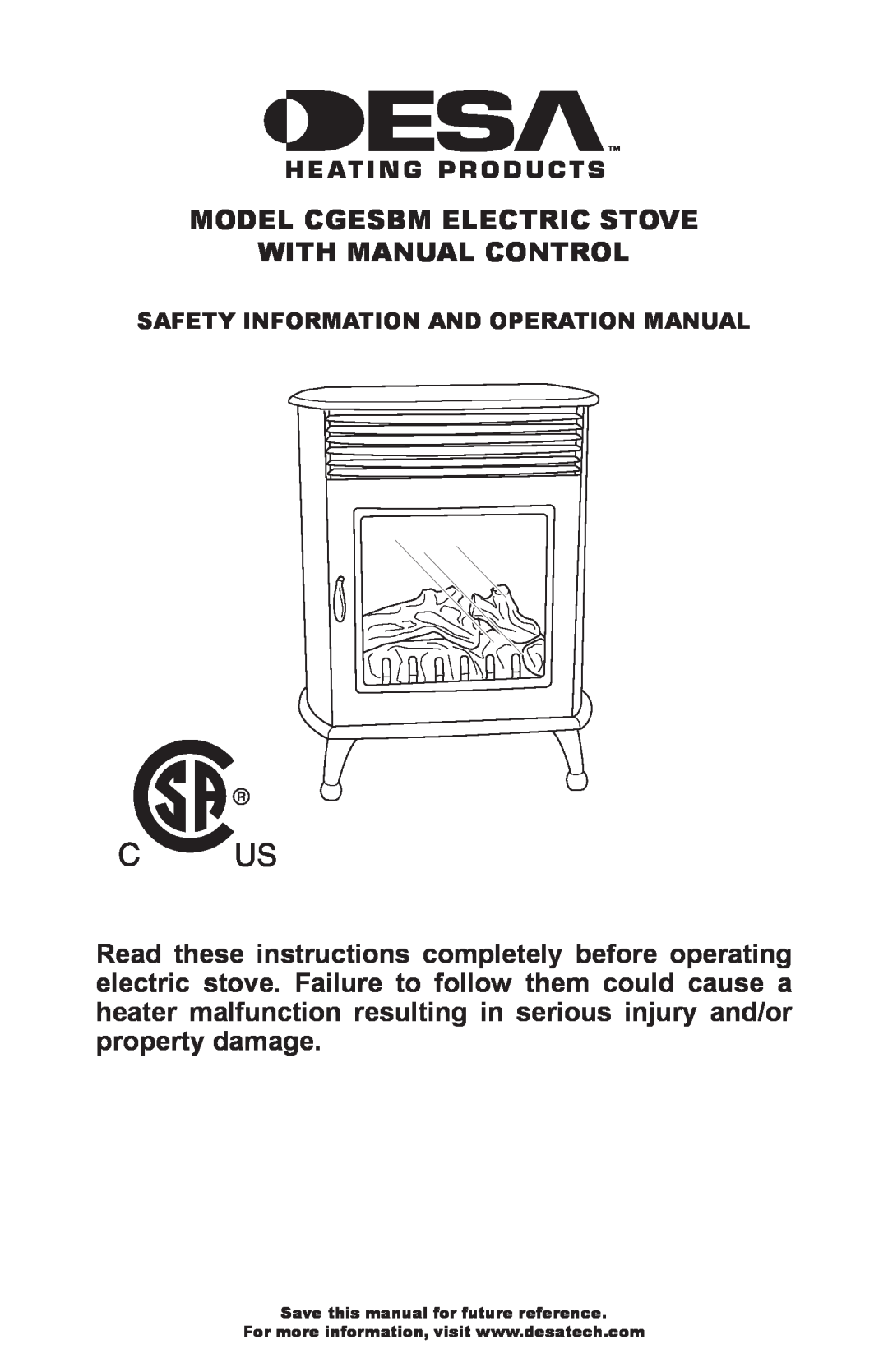 Desa CGESBM operation manual Model Cgesbm Electric Stove With Manual Control, Save this manual for future reference 