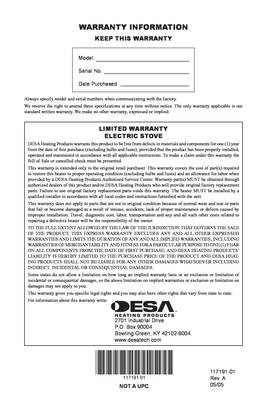 Desa CGESBM operation manual Warranty Information, Keep This Warranty, Limited Warranty Electric Stove, Not A Upc 