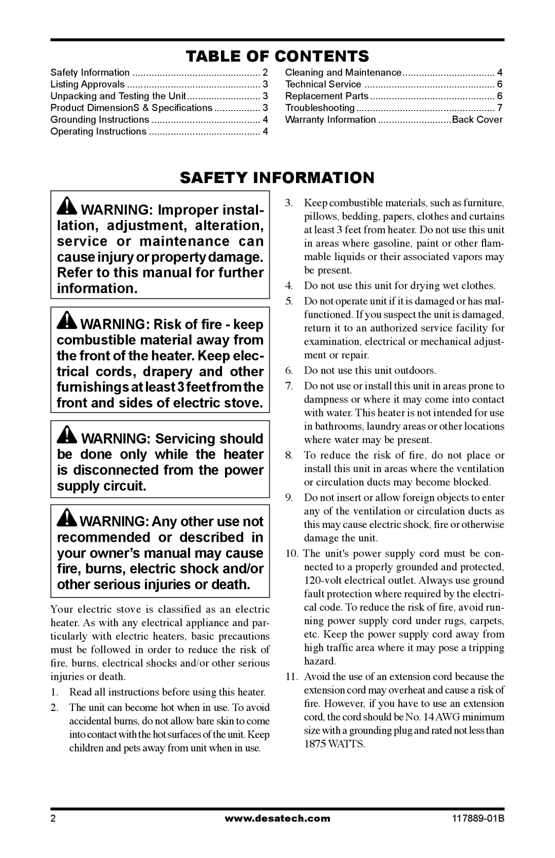 Desa CGESS operation manual Table of Contents, Safety Information 