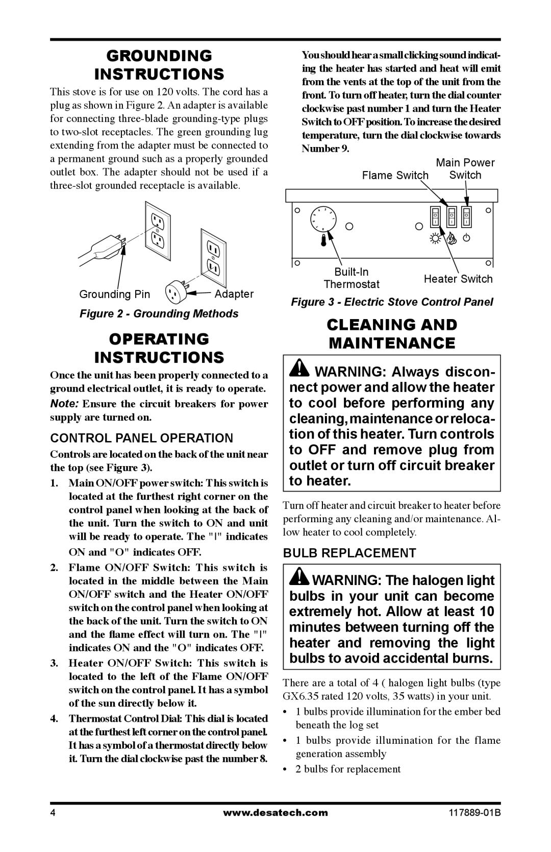 Desa CGESS Grounding Instructions, Operating Instructions, Cleaning Maintenance, Control Panel Operation, Bulb Replacement 