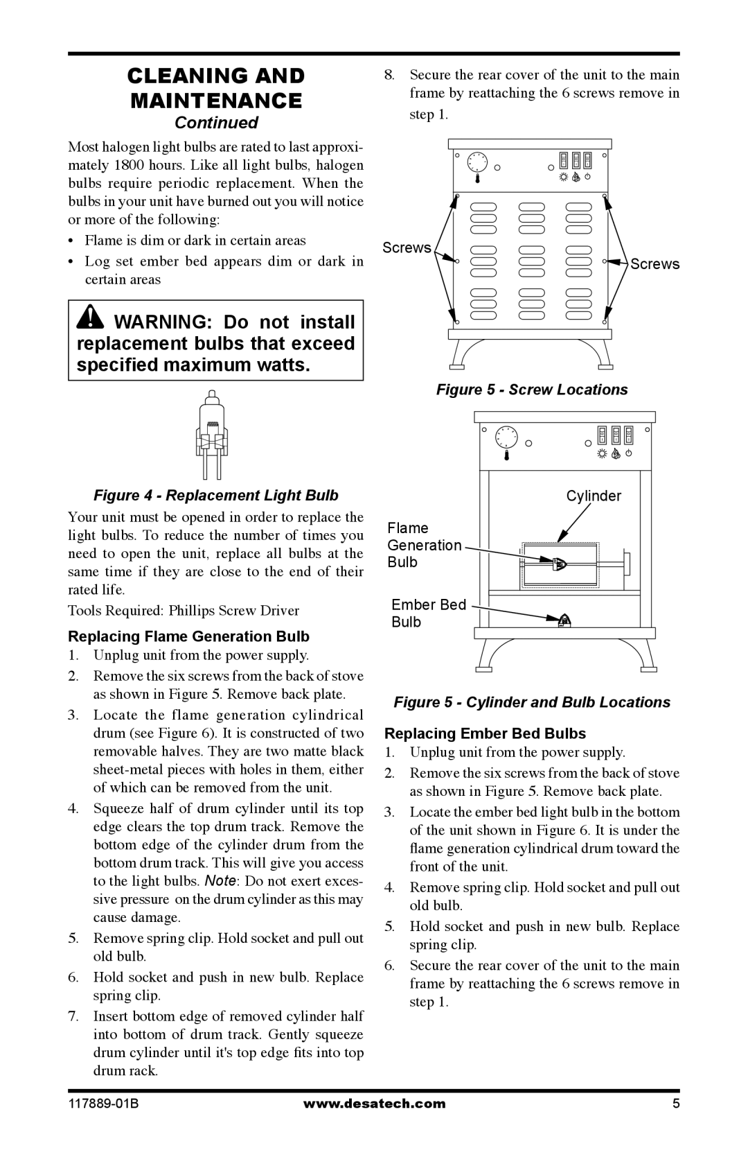 Desa CGESS Screws, Replacing Flame Generation Bulb, Cylinder Flame Generation Bulb Ember Bed, Replacing Ember Bed Bulbs 