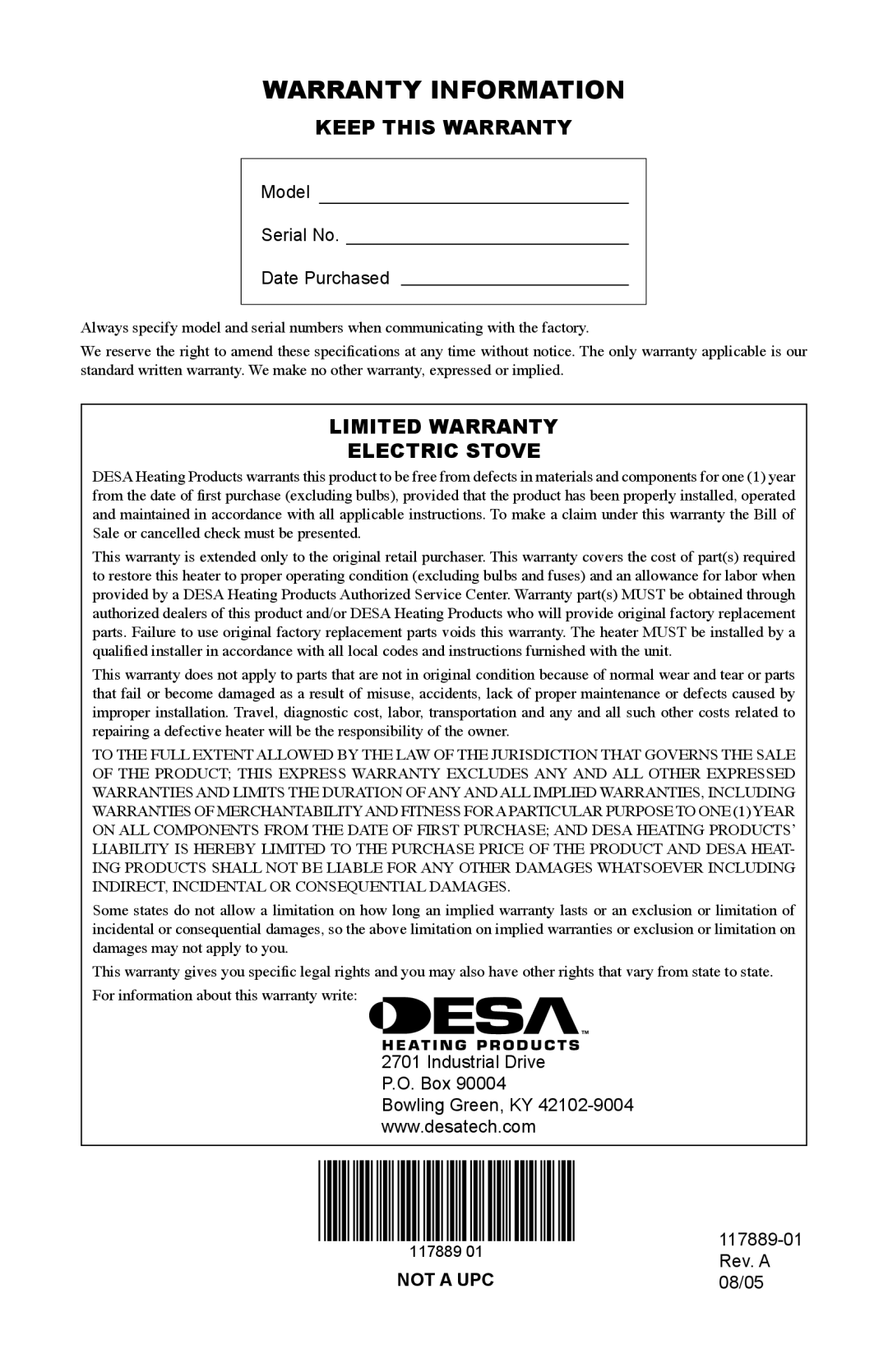 Desa CGESS operation manual Warranty Information, Keep this Warranty, Limited Warranty Electric Stove 