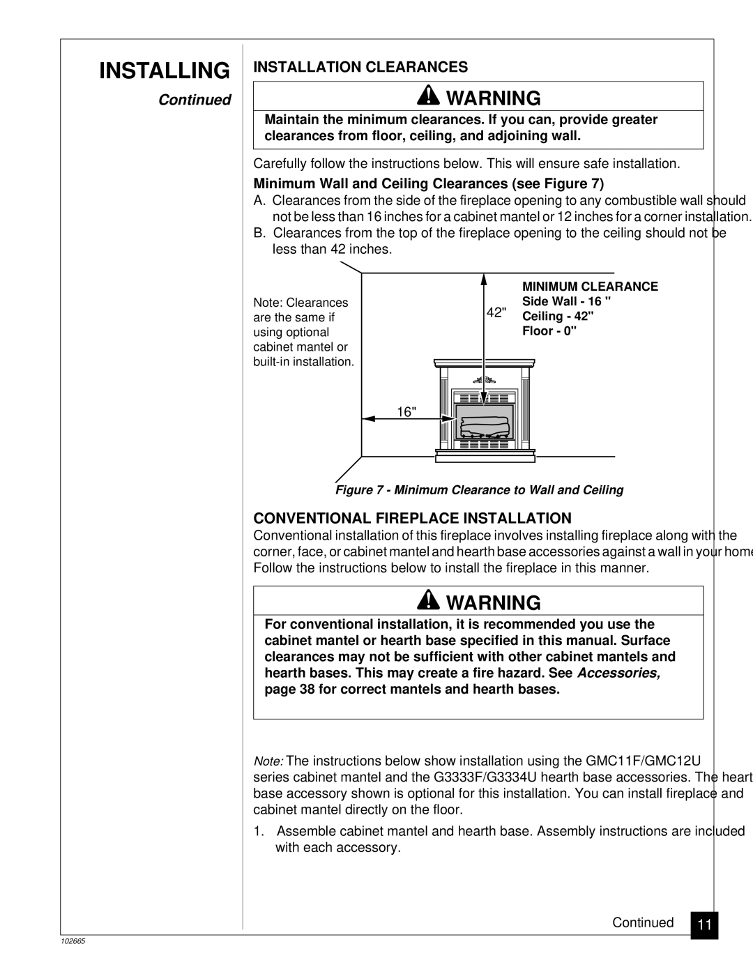 Desa CGF265PVA, CGF280PT installation manual Installation Clearances, Conventional Fireplace Installation 