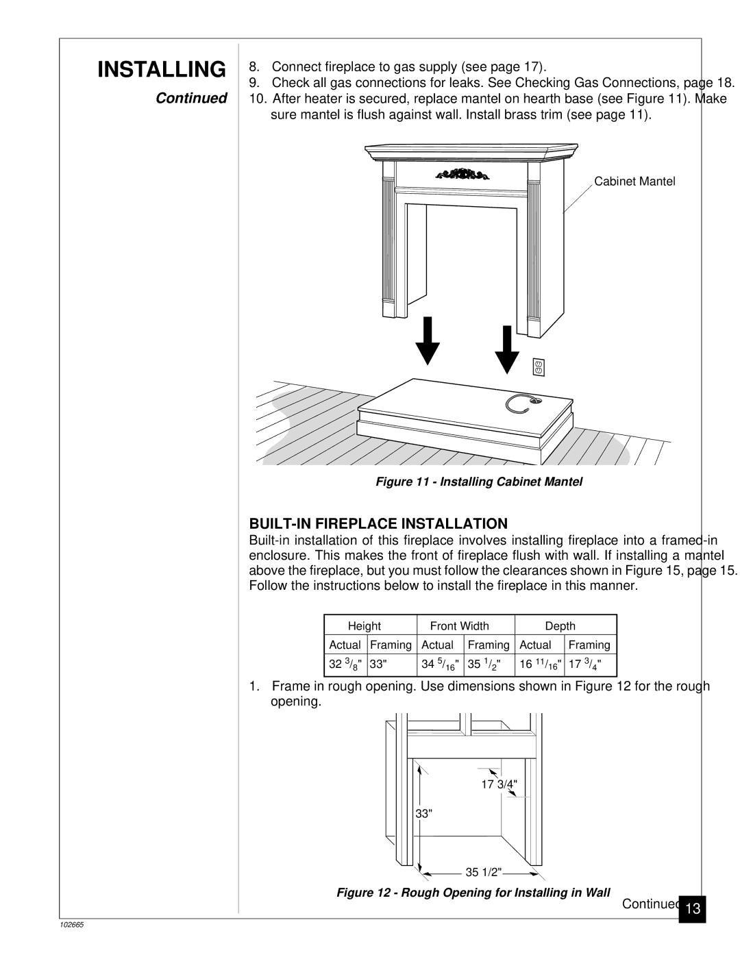 Desa CGF265PVA, CGF280PT installation manual BUILT-IN Fireplace Installation, Installing Cabinet Mantel 