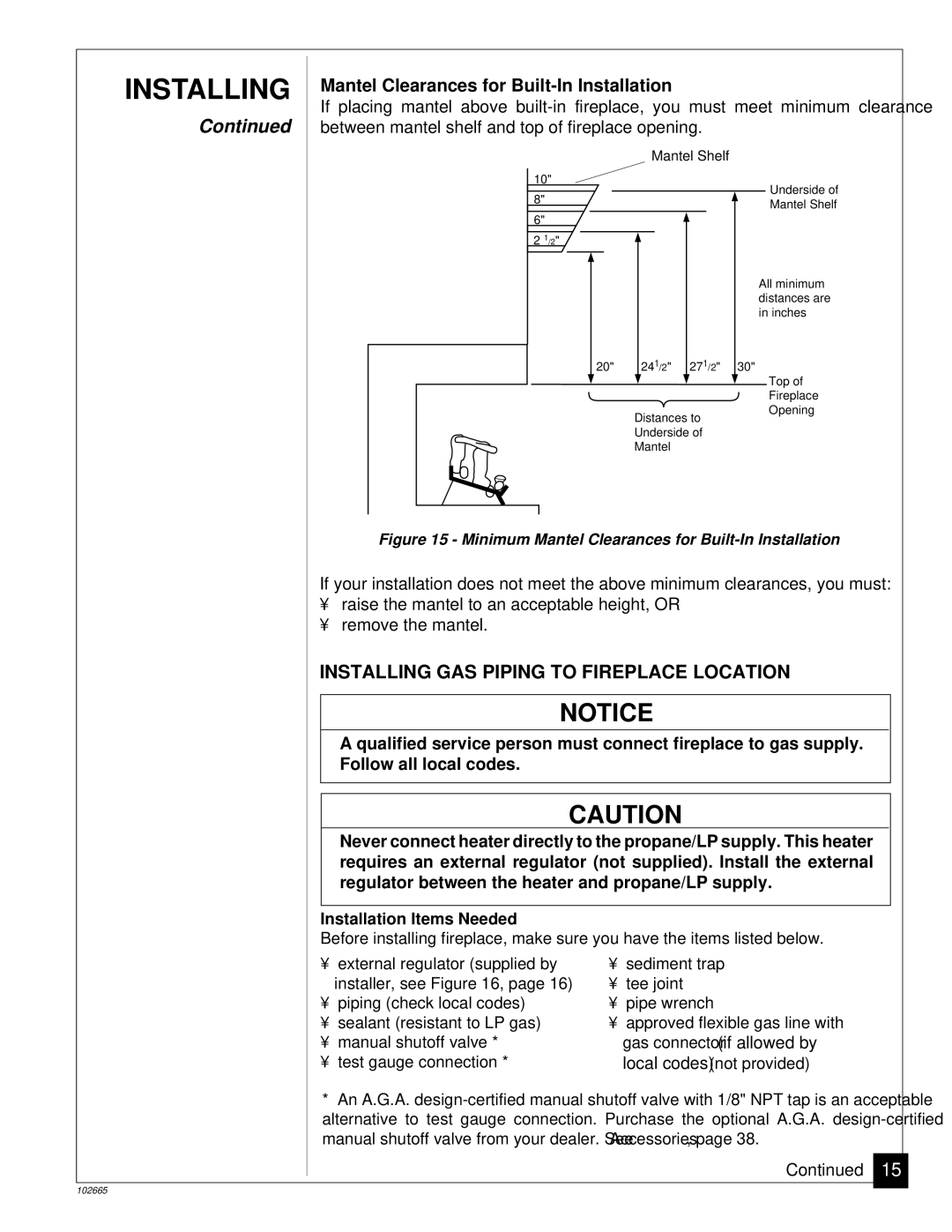 Desa CGF265PVA, CGF280PT Installing GAS Piping to Fireplace Location, Mantel Clearances for Built-In Installation 