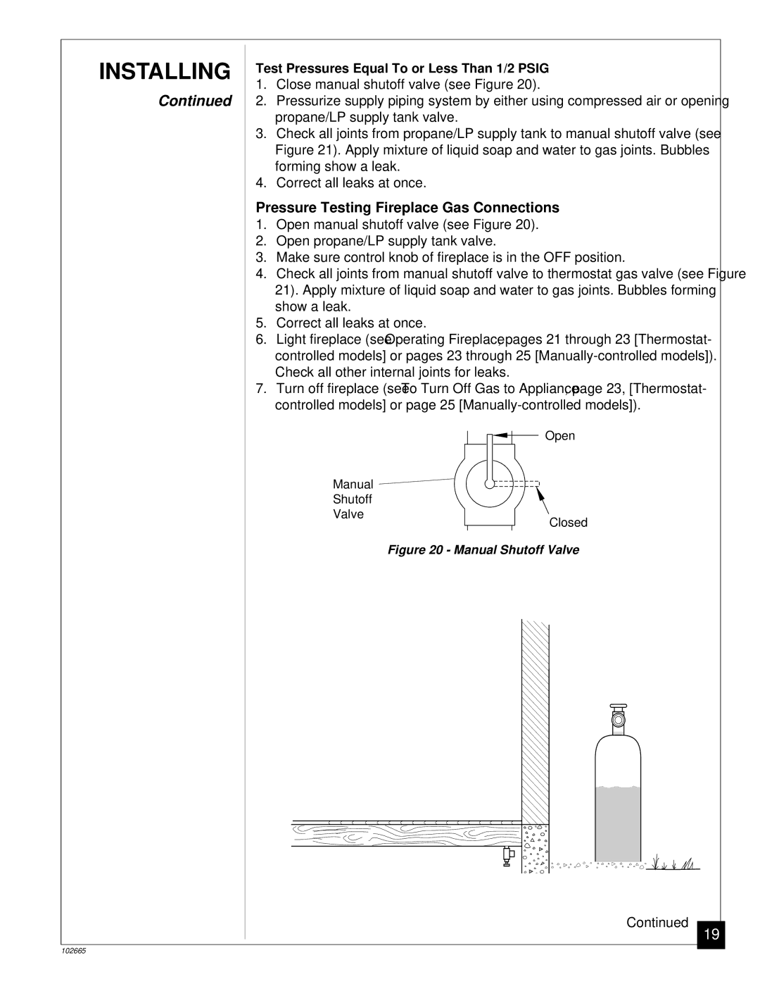 Desa CGF265PVA, CGF280PT installation manual Pressure Testing Fireplace Gas Connections, Manual Shutoff Valve 