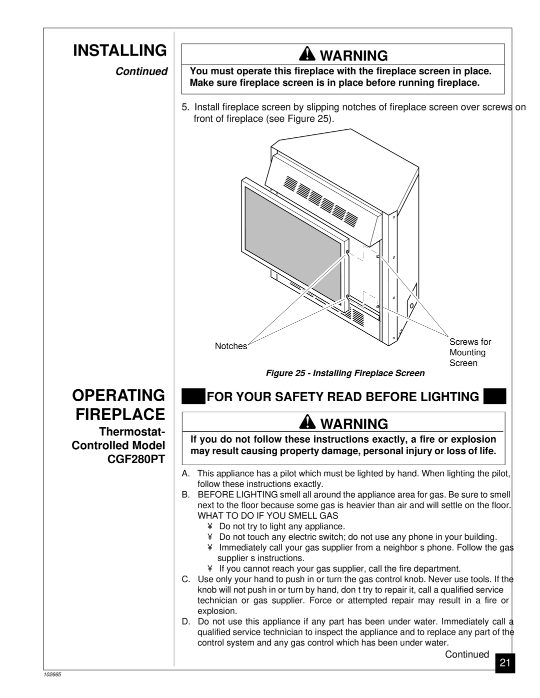 Desa CGF265PVA, CGF280PT installation manual Installing Warning, Operating, Fireplace 