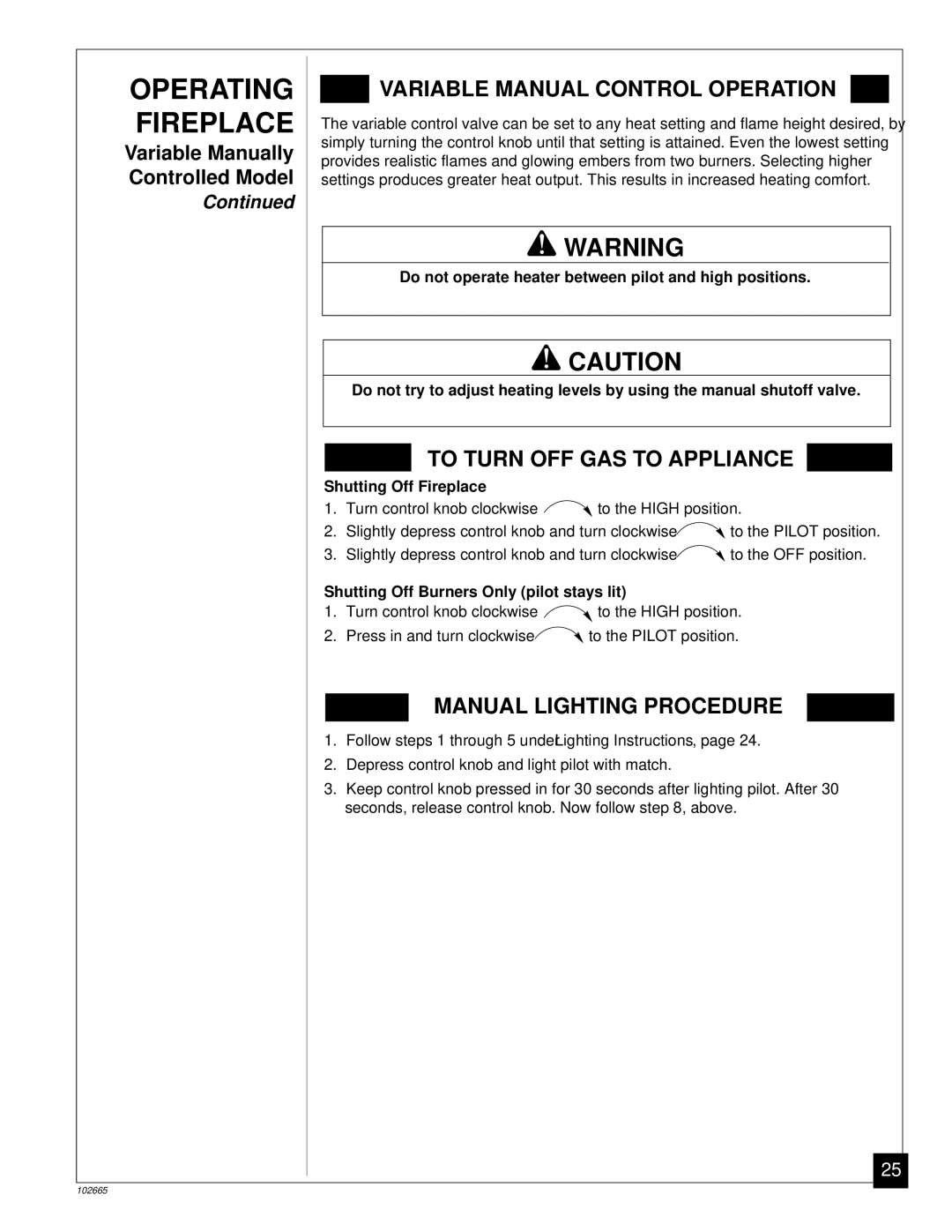 Desa CGF265PVA, CGF280PT installation manual Variable Manual Control Operation 