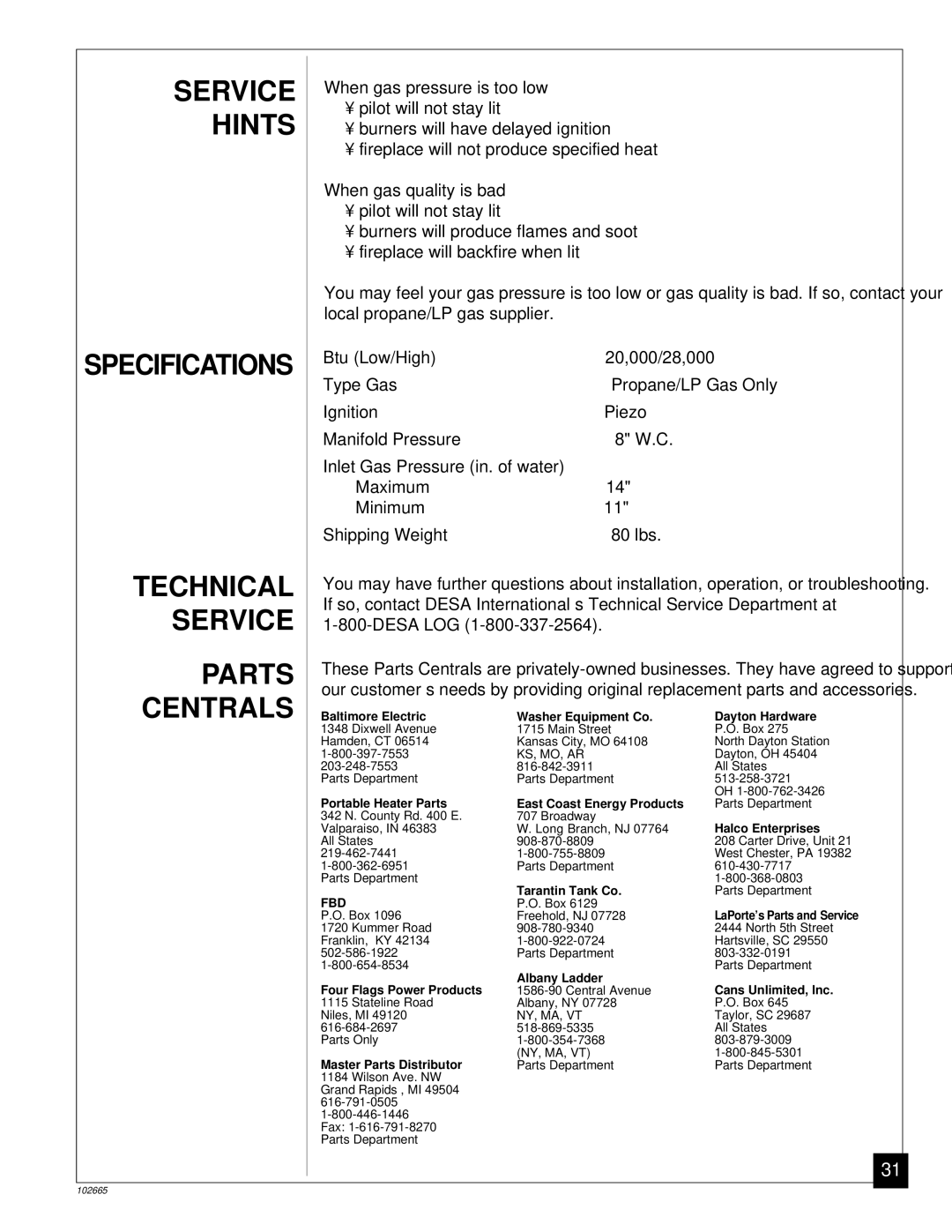 Desa CGF265PVA, CGF280PT installation manual Service, Technical, Parts, Centrals 