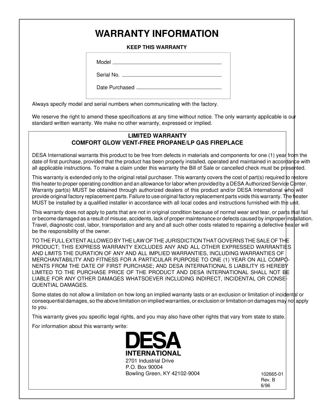 Desa CGF280PT, CGF265PVA installation manual Warranty Information, Keep this Warranty 